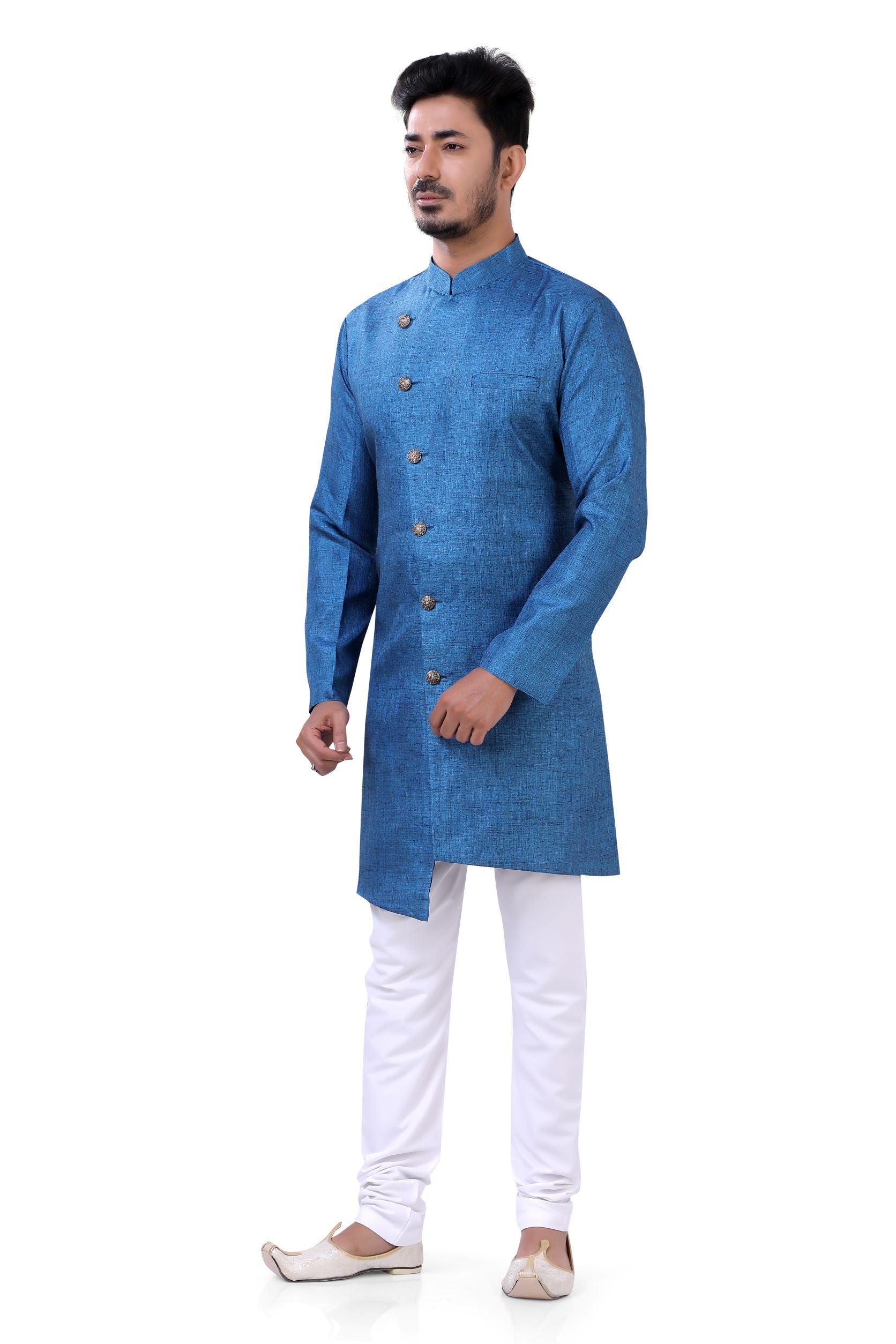 Asymmetric Linen cotton Indo western in Light Blue