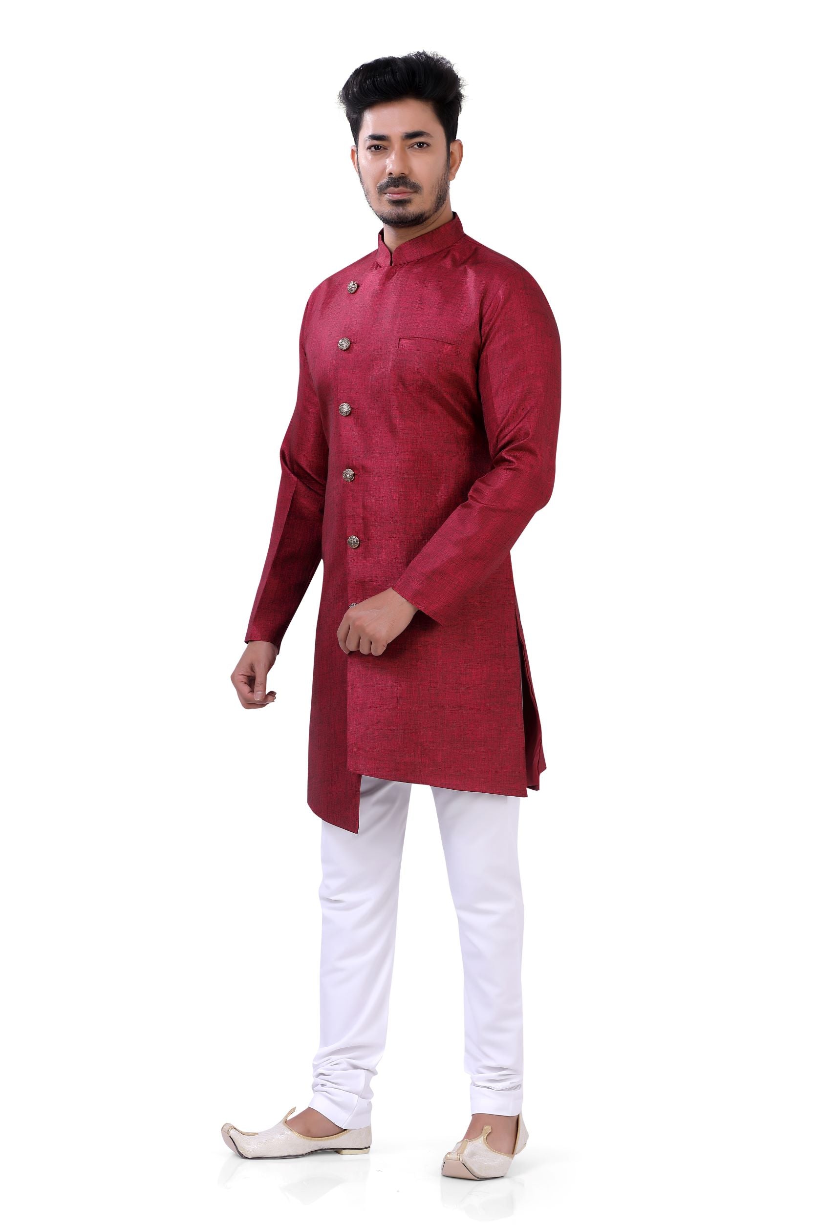 Asymmetric Linen cotton Indo western in Maroon