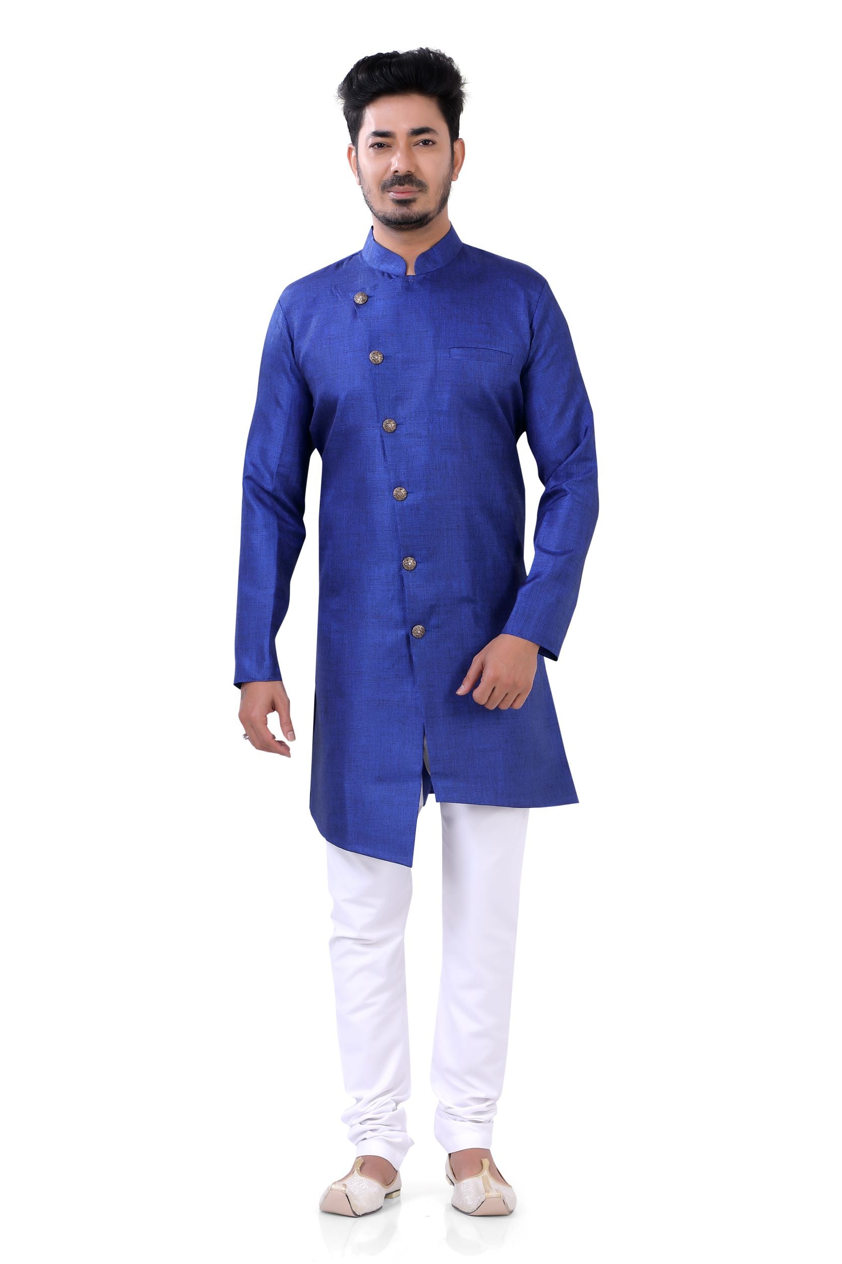 Asymmetric Linen cotton Indo western in Blue