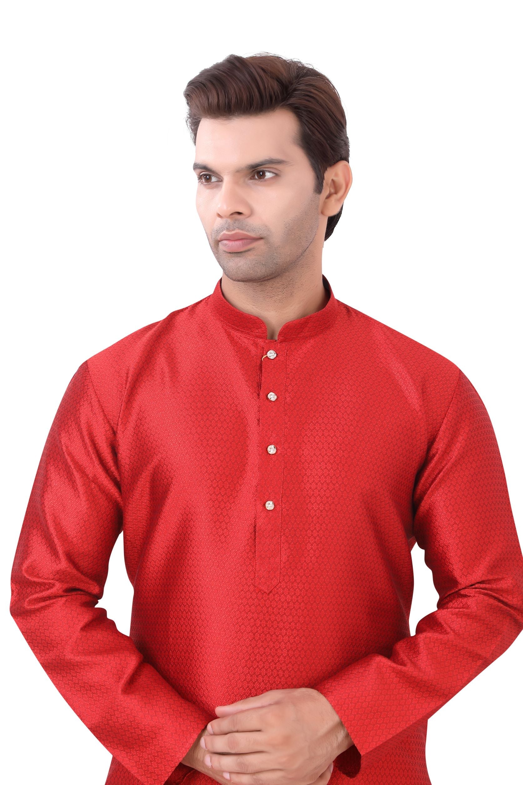Self Silk Kurta Pajama in Red
