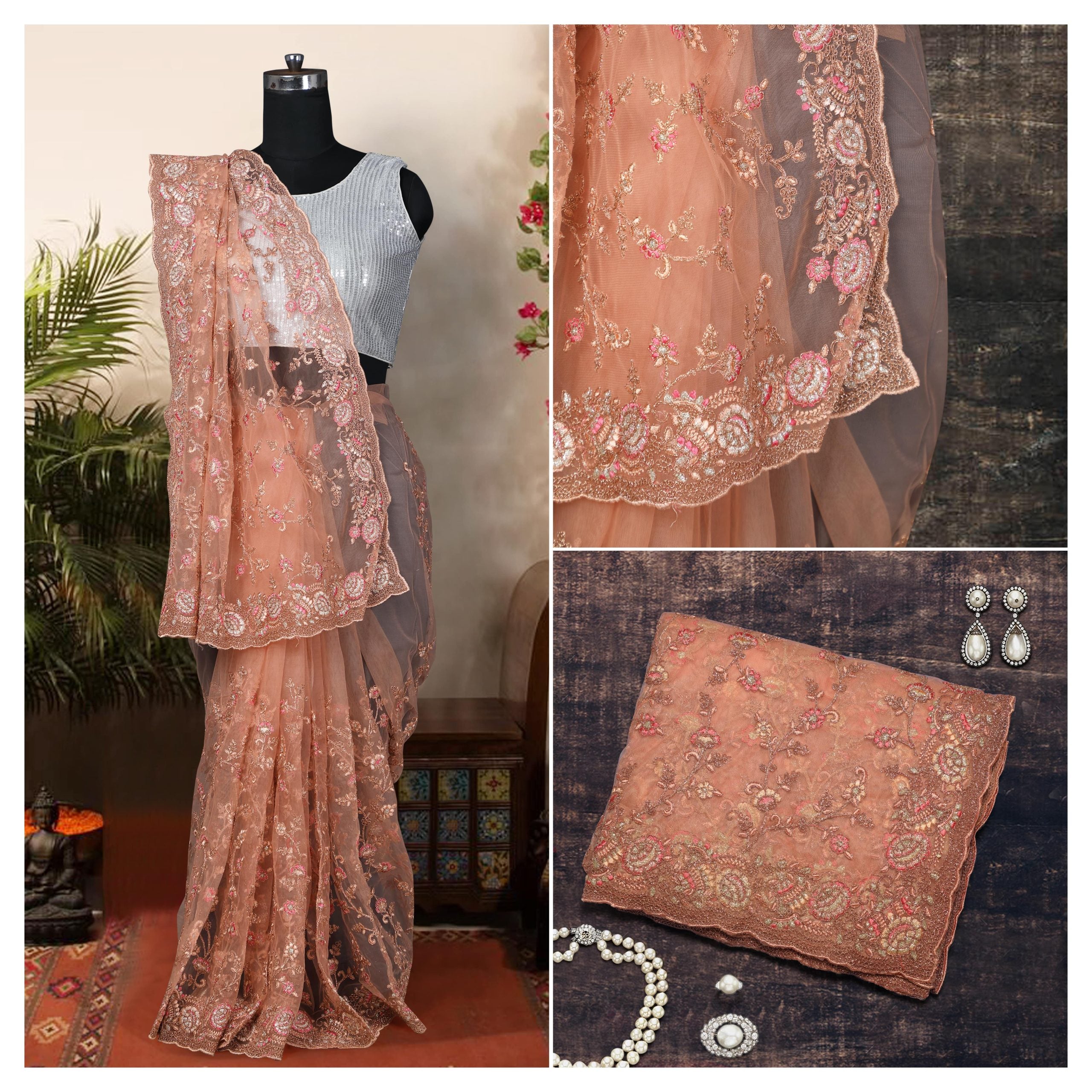Embroidered Net Saree in Peach Color - (Priya Light)