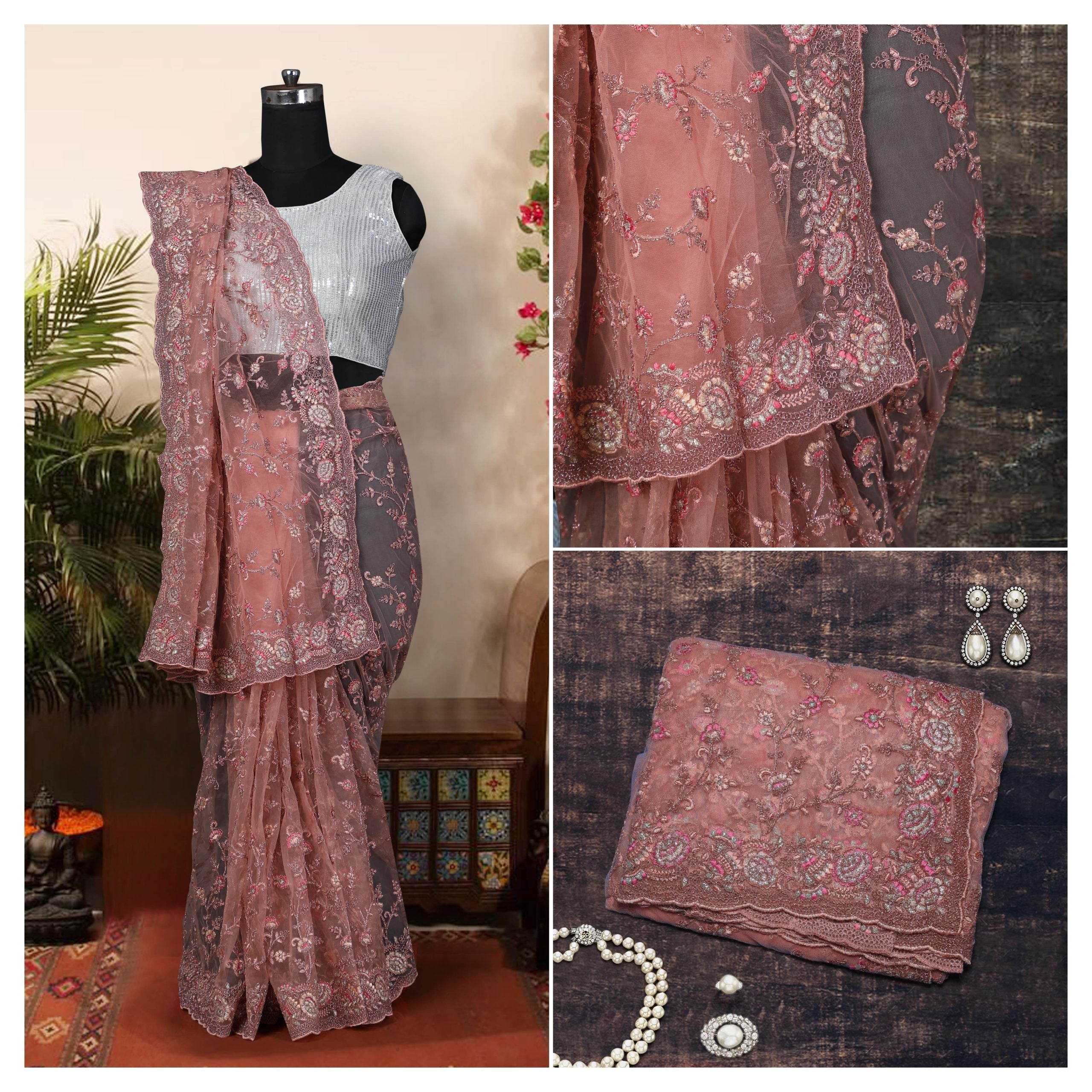 Embroidered Net Saree in Dusty Peach Color - (Priya Light)
