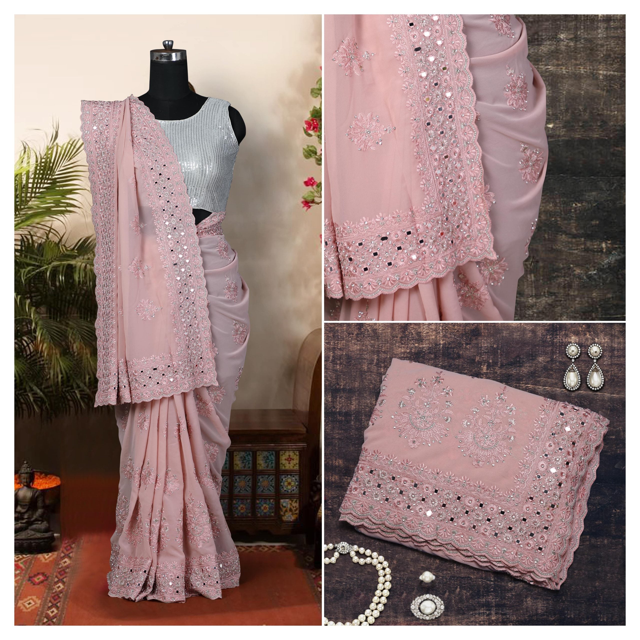 Peach Mirror Work Saree-2