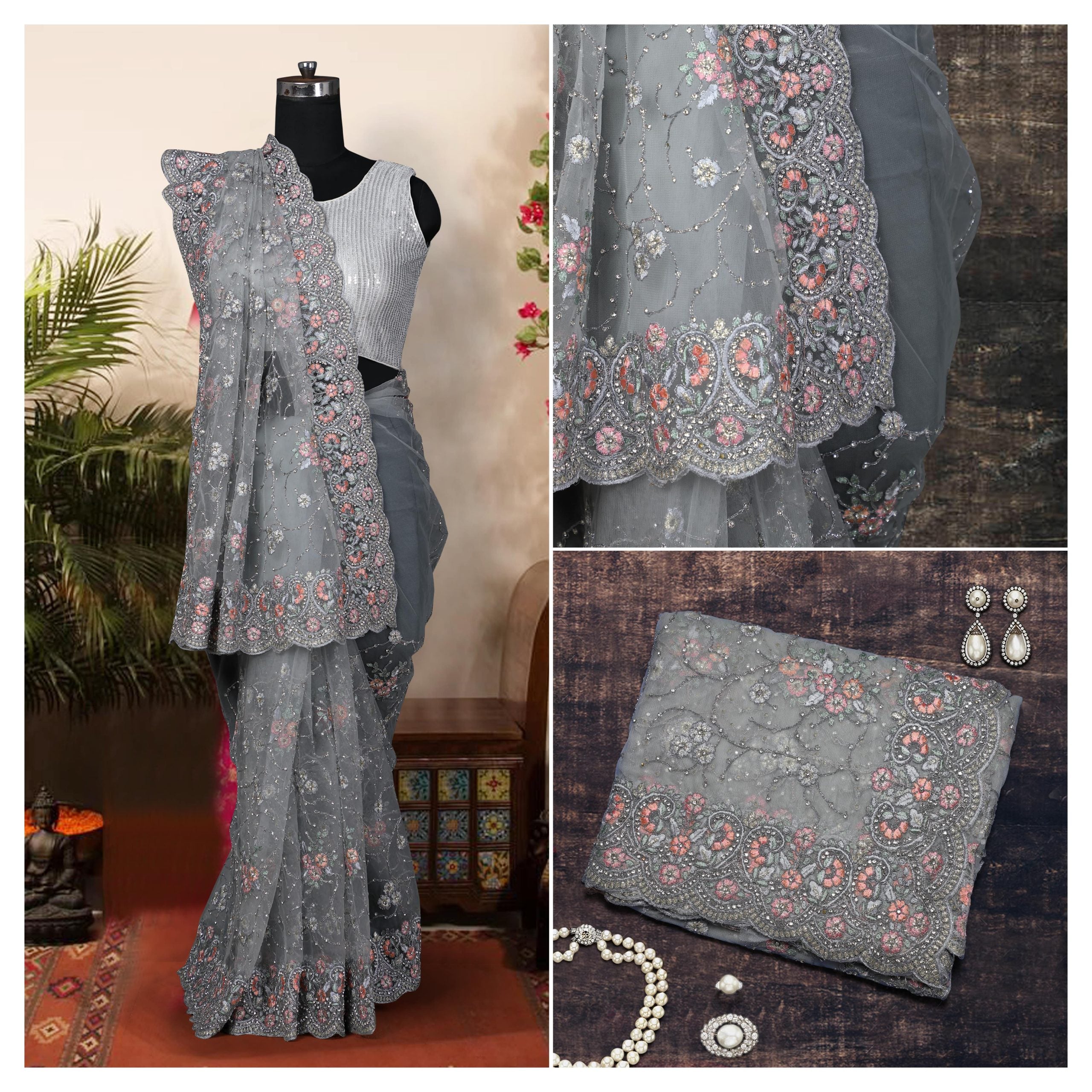 Classic Grey Embroidered Saree