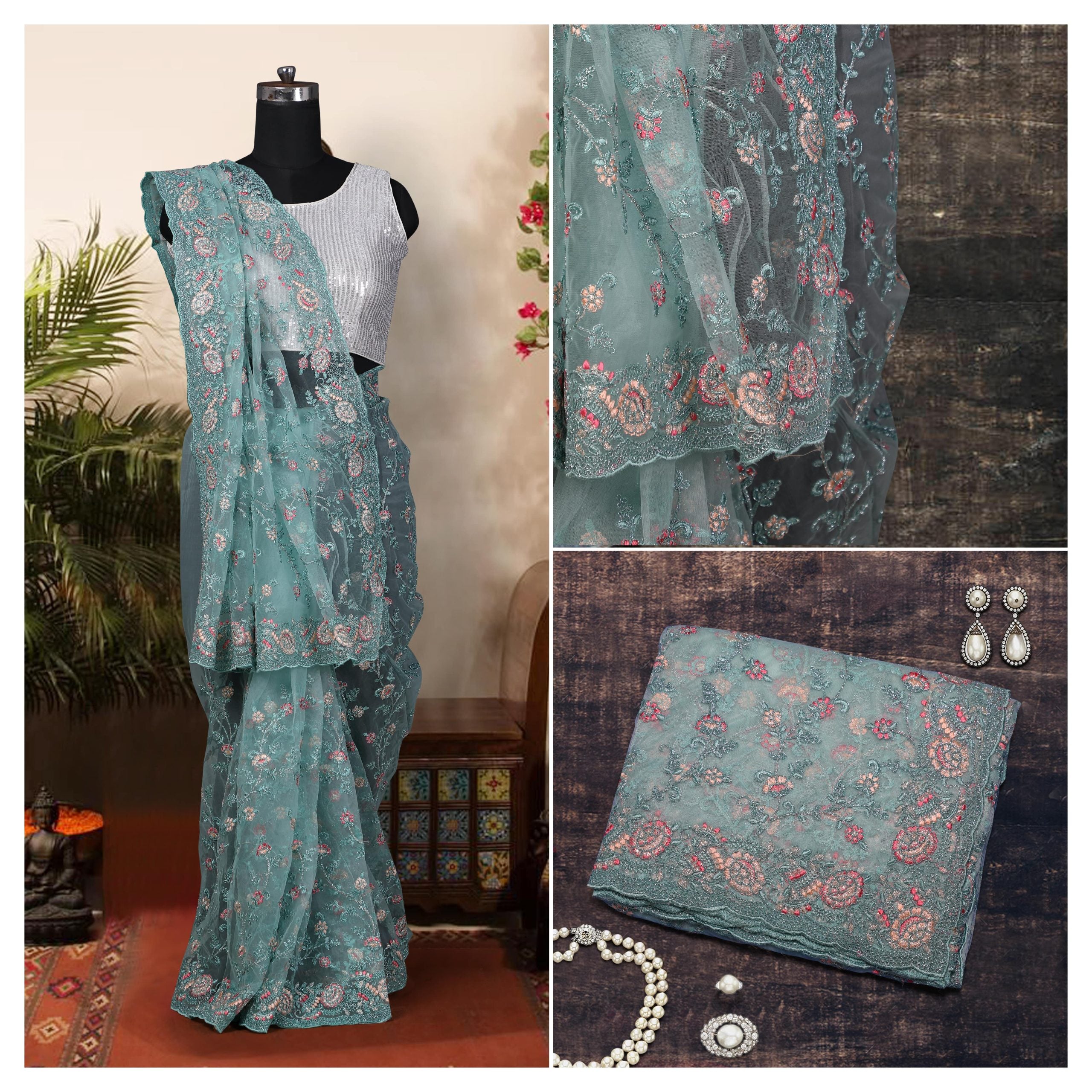 Light Dusty Blue Embroidered Net Saree