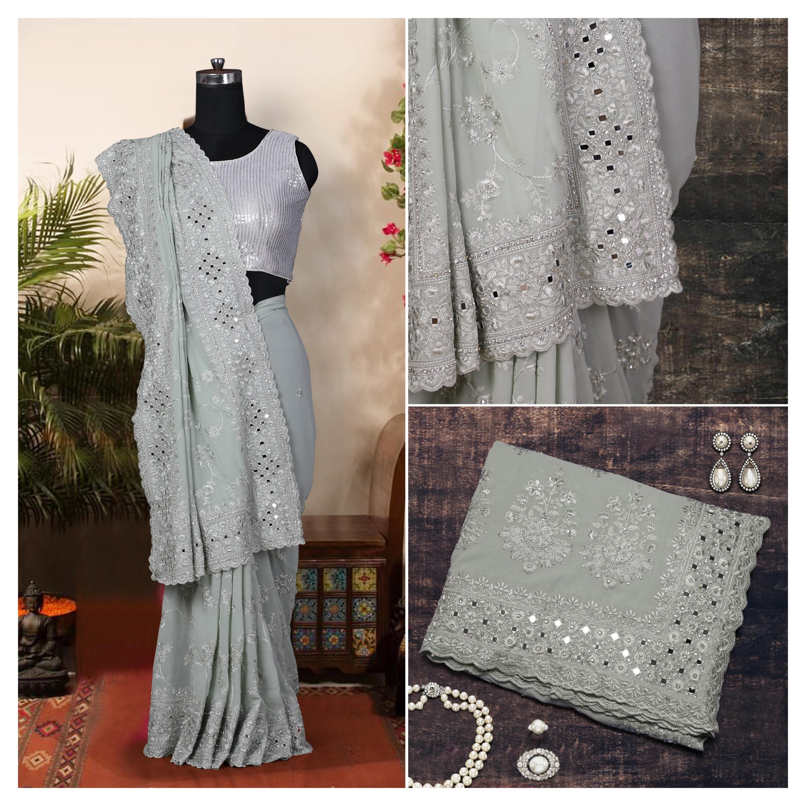 Silk Real Mirror Work Saree With Blouse - (Saachi)