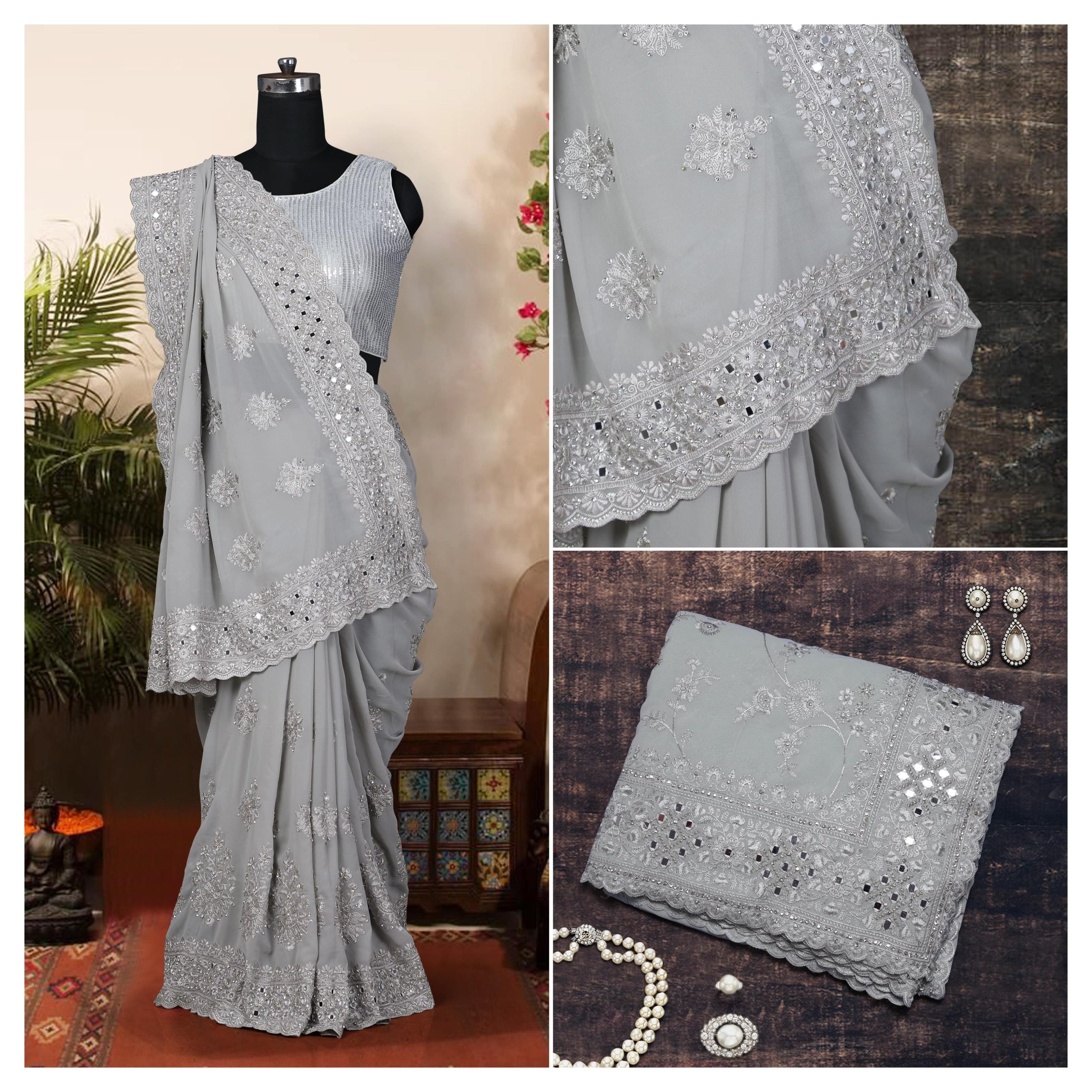 Silk Real Mirror Work Saree With Blouse - (Manu)