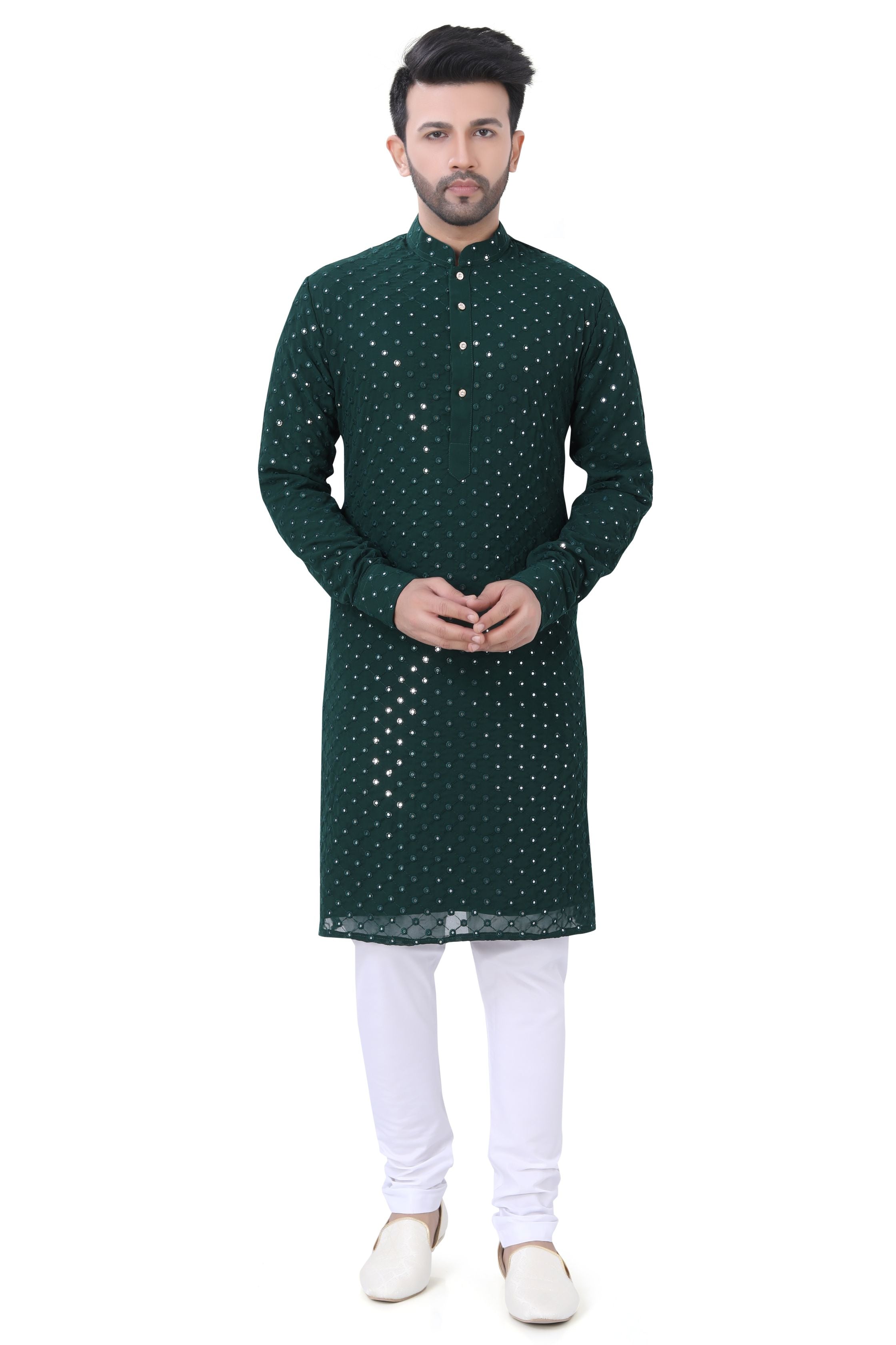 Bottle Green Mirror Work Kurta in Soft Georgette Fabric