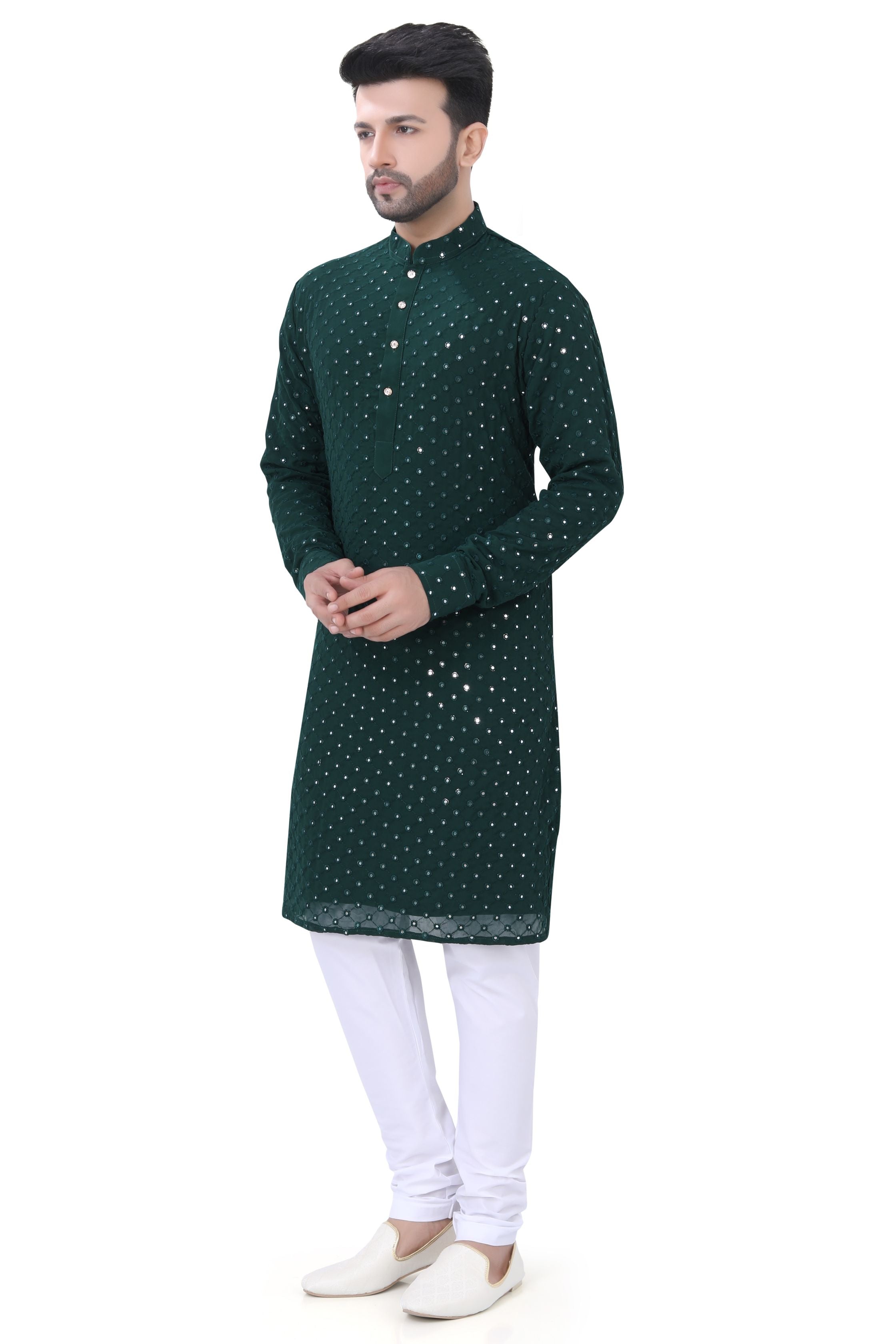 Bottle Green Mirror Work Kurta in Soft Georgette Fabric