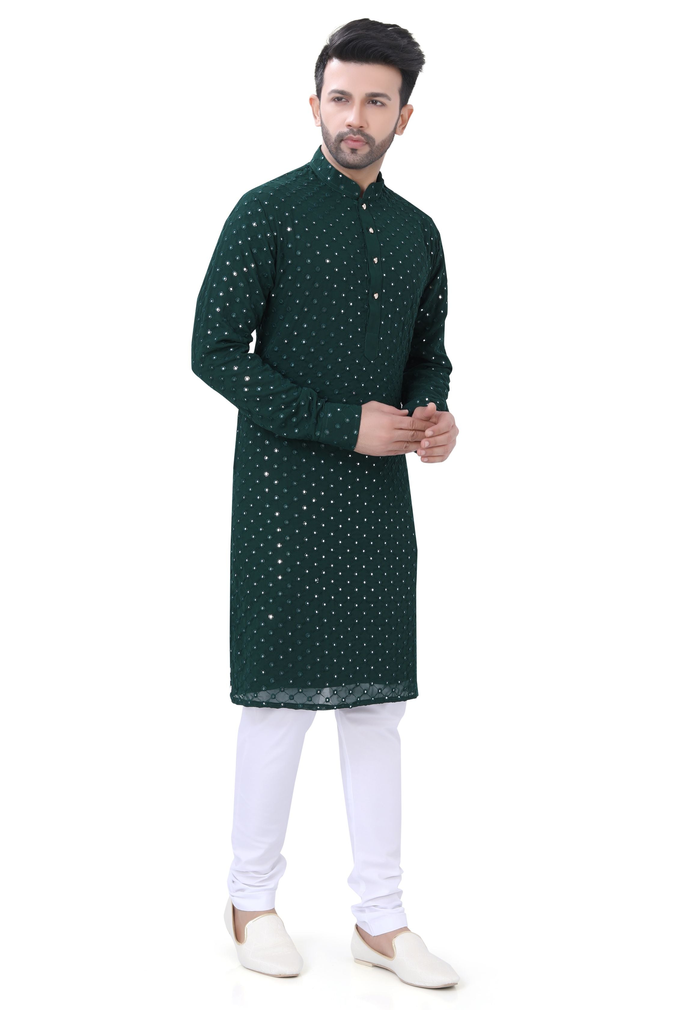 Bottle Green Mirror Work Kurta in Soft Georgette Fabric