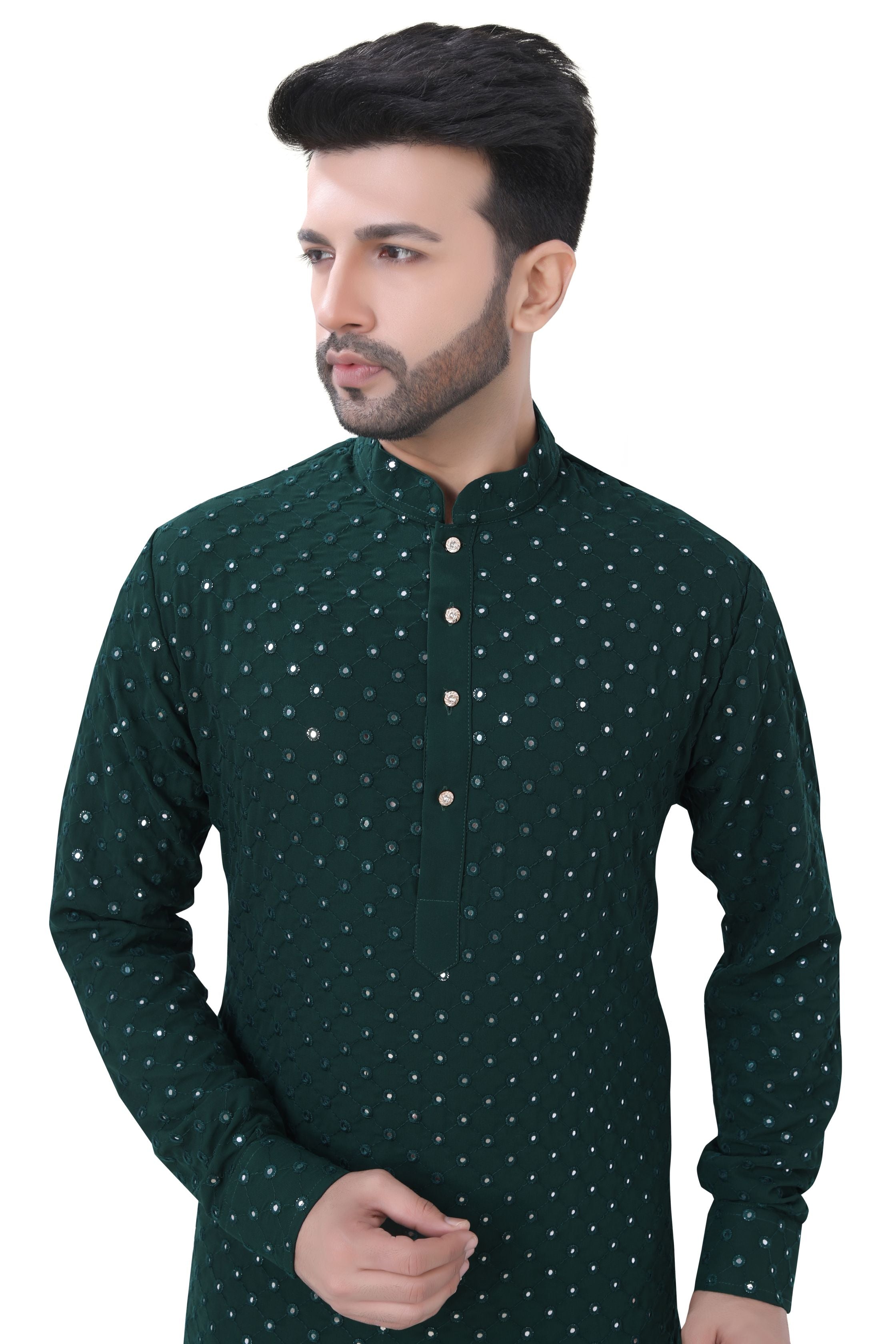 Bottle Green Mirror Work Kurta in Soft Georgette Fabric