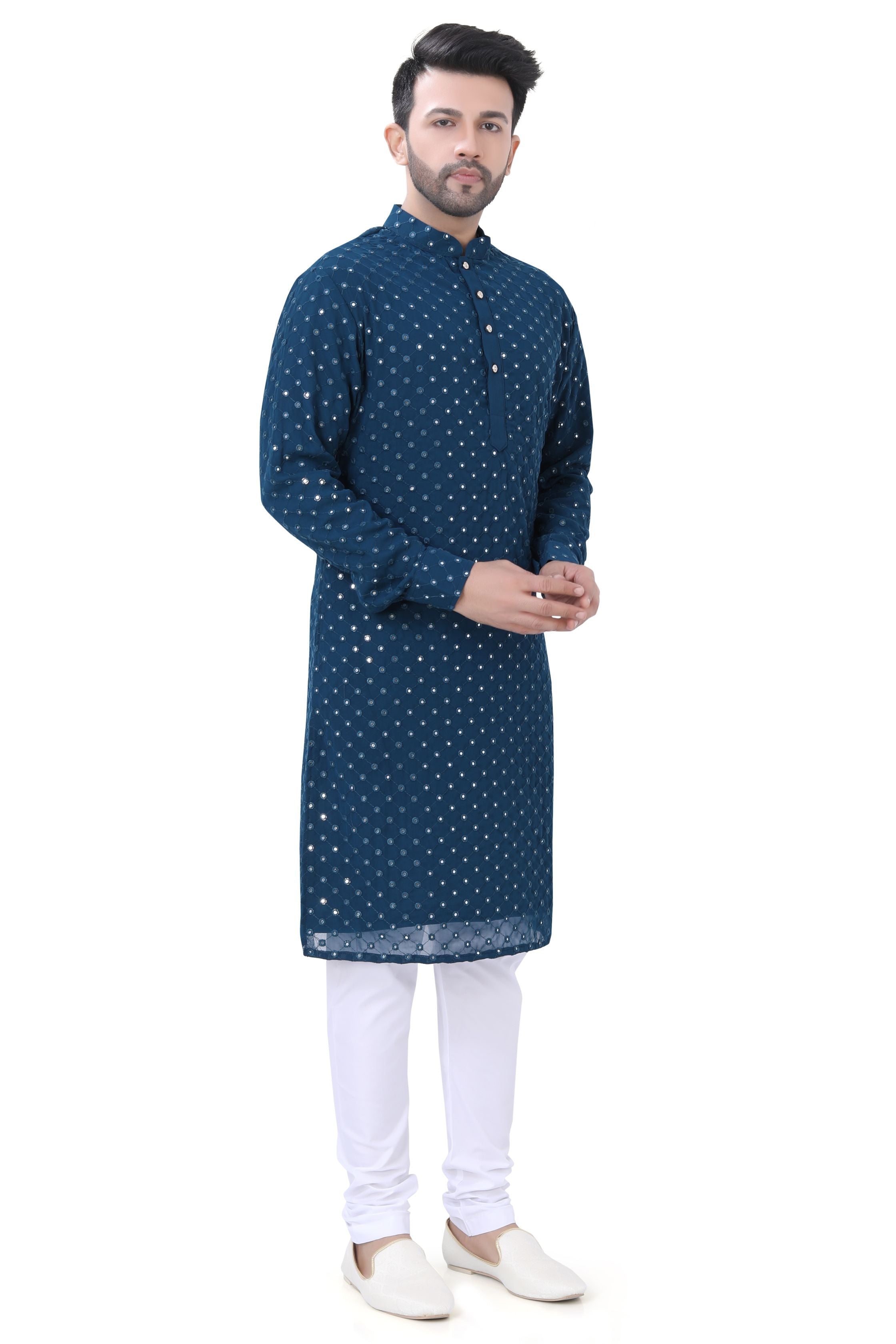 Mirror Work Kurta in Soft Georgette Fabric in peacock blue