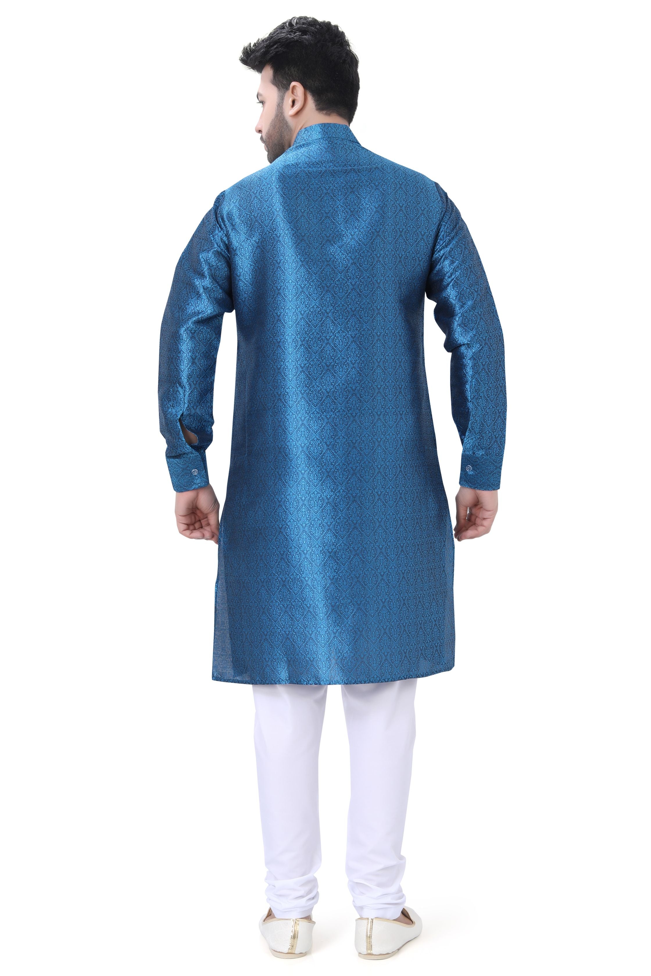 Self Jaquard Kurta in Peacock Blue