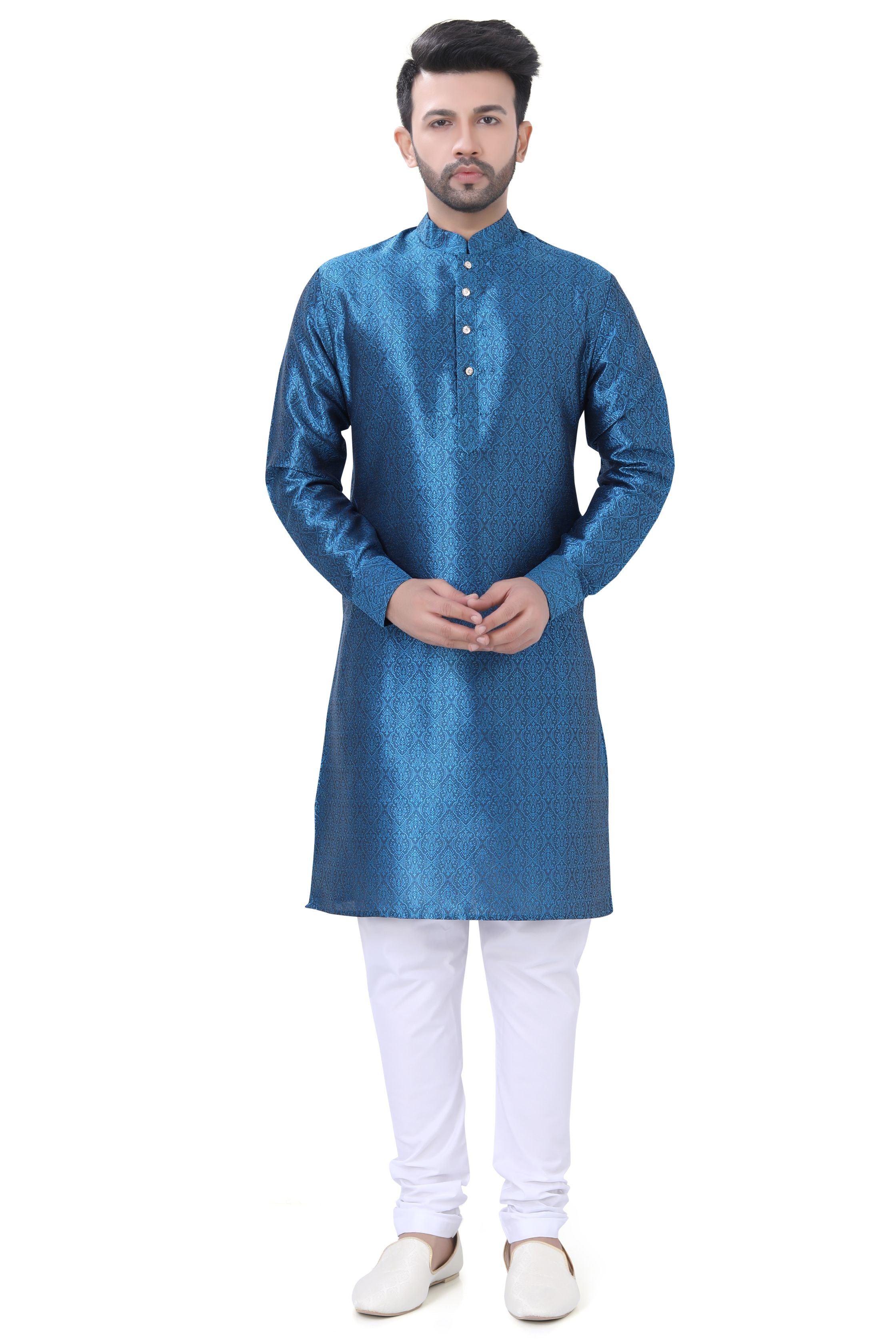 Self Jaquard Kurta in Peacock Blue