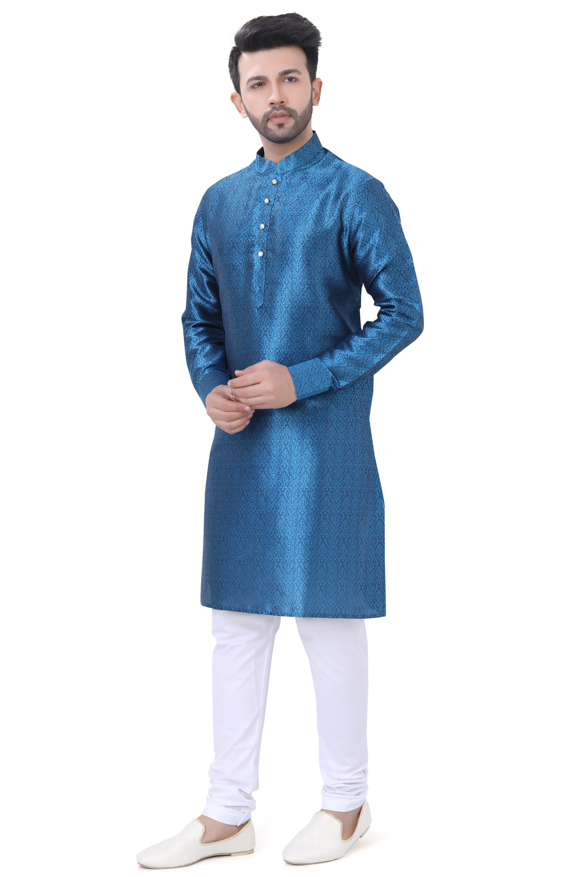 Self Jaquard Kurta in Peacock Blue