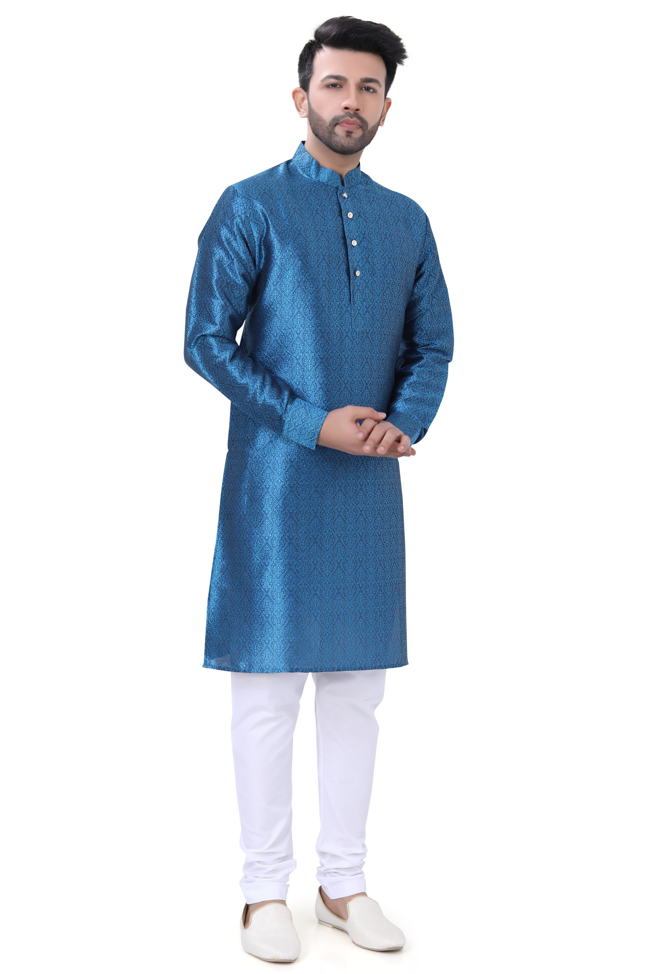 Self Jaquard Kurta in Peacock Blue