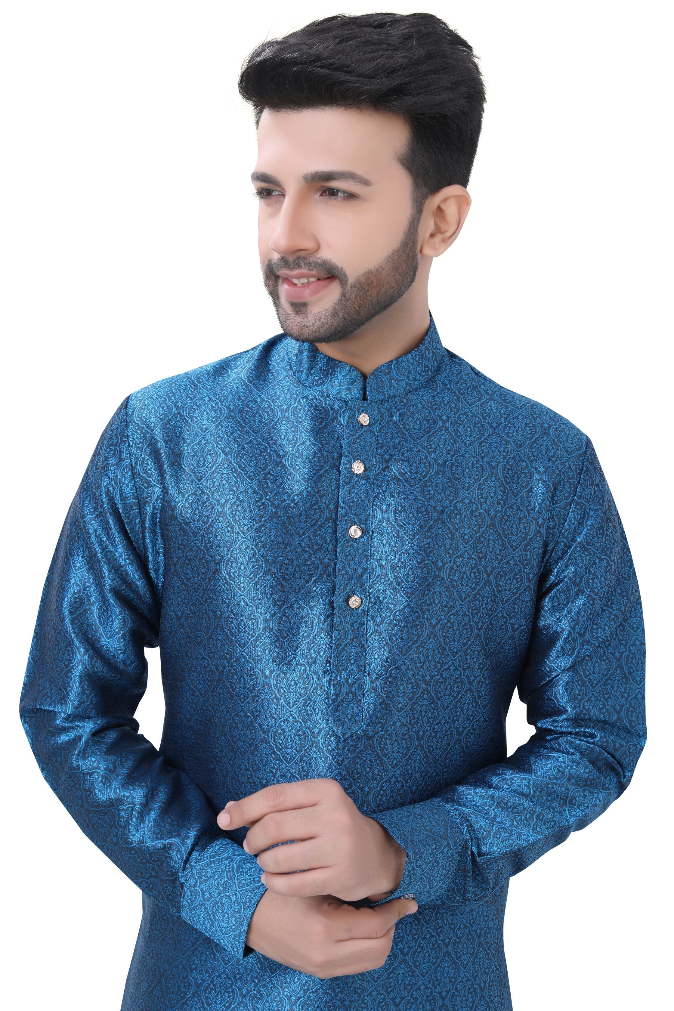 Self Jaquard Kurta in Peacock Blue