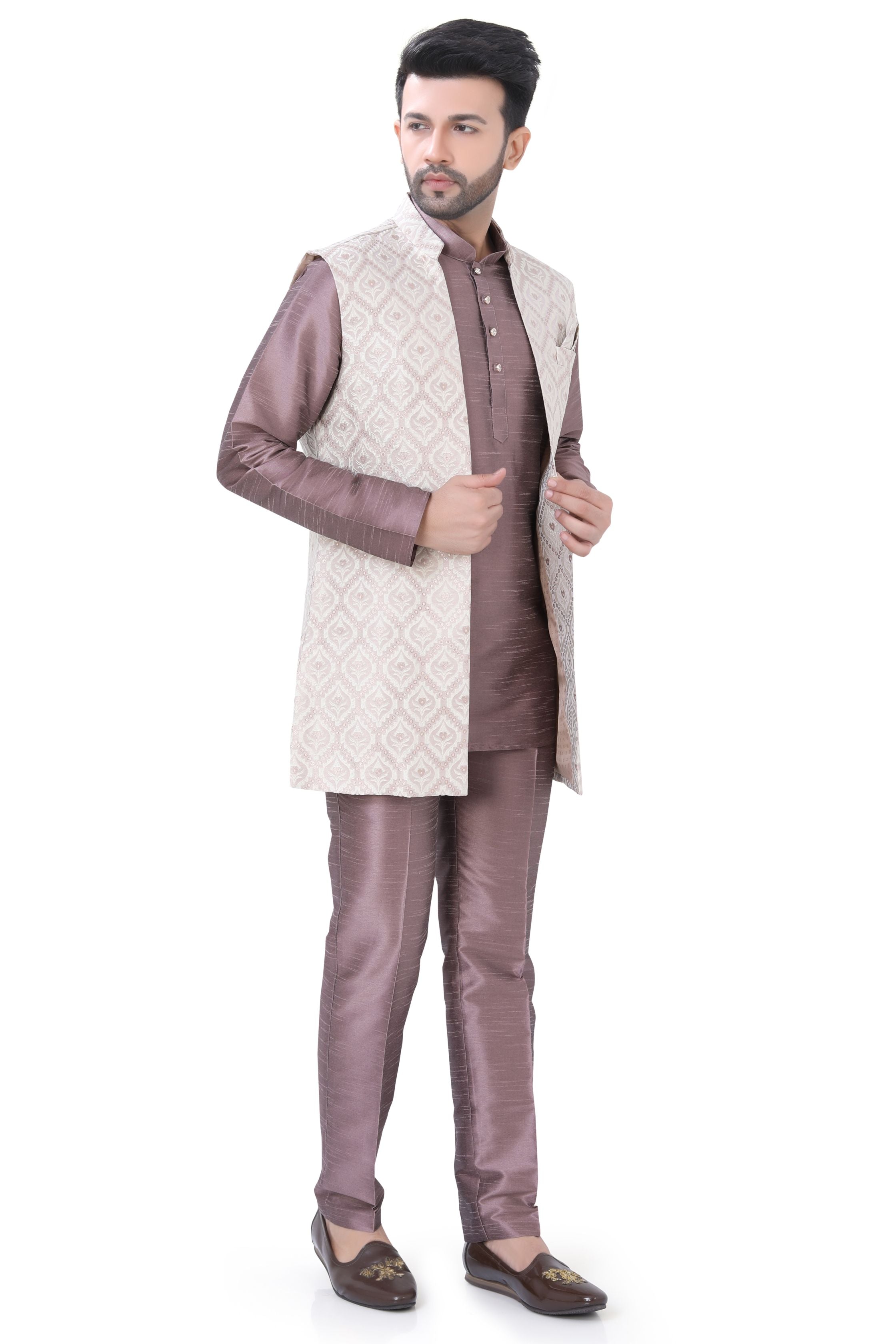 Brocade silk Jodhpuri Set with open long jacket - Rose Pink colour