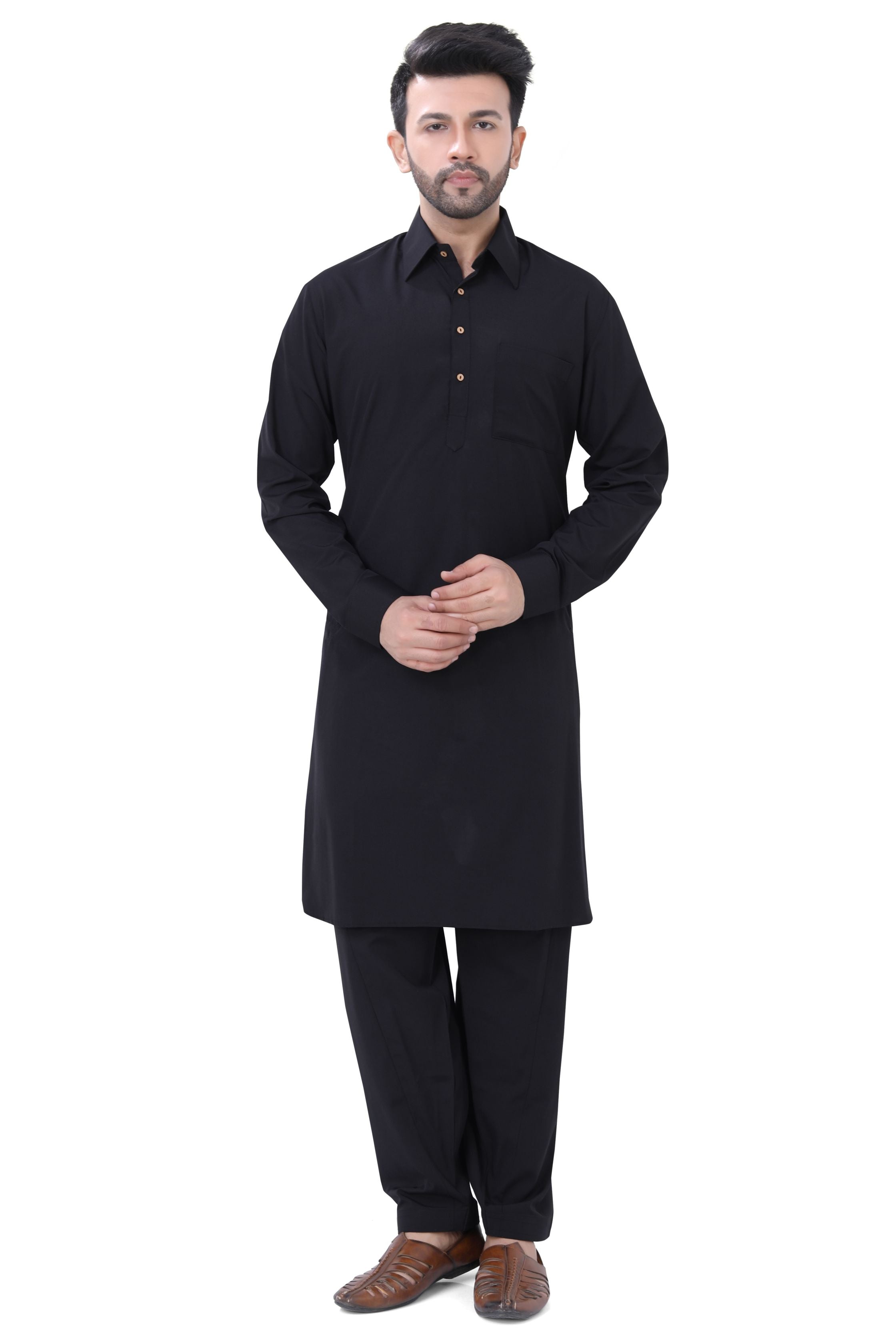 Cotton Pathani Kurta Salwar Suit in Black Colour