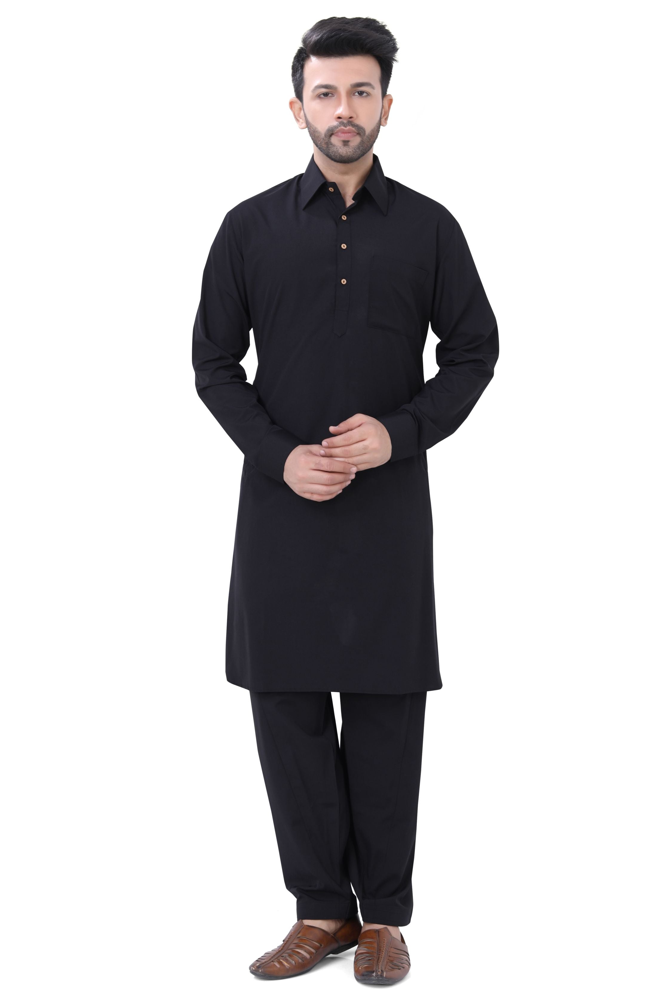 Cotton Pathani Kurta Salwar Suit in Black Colour 40
