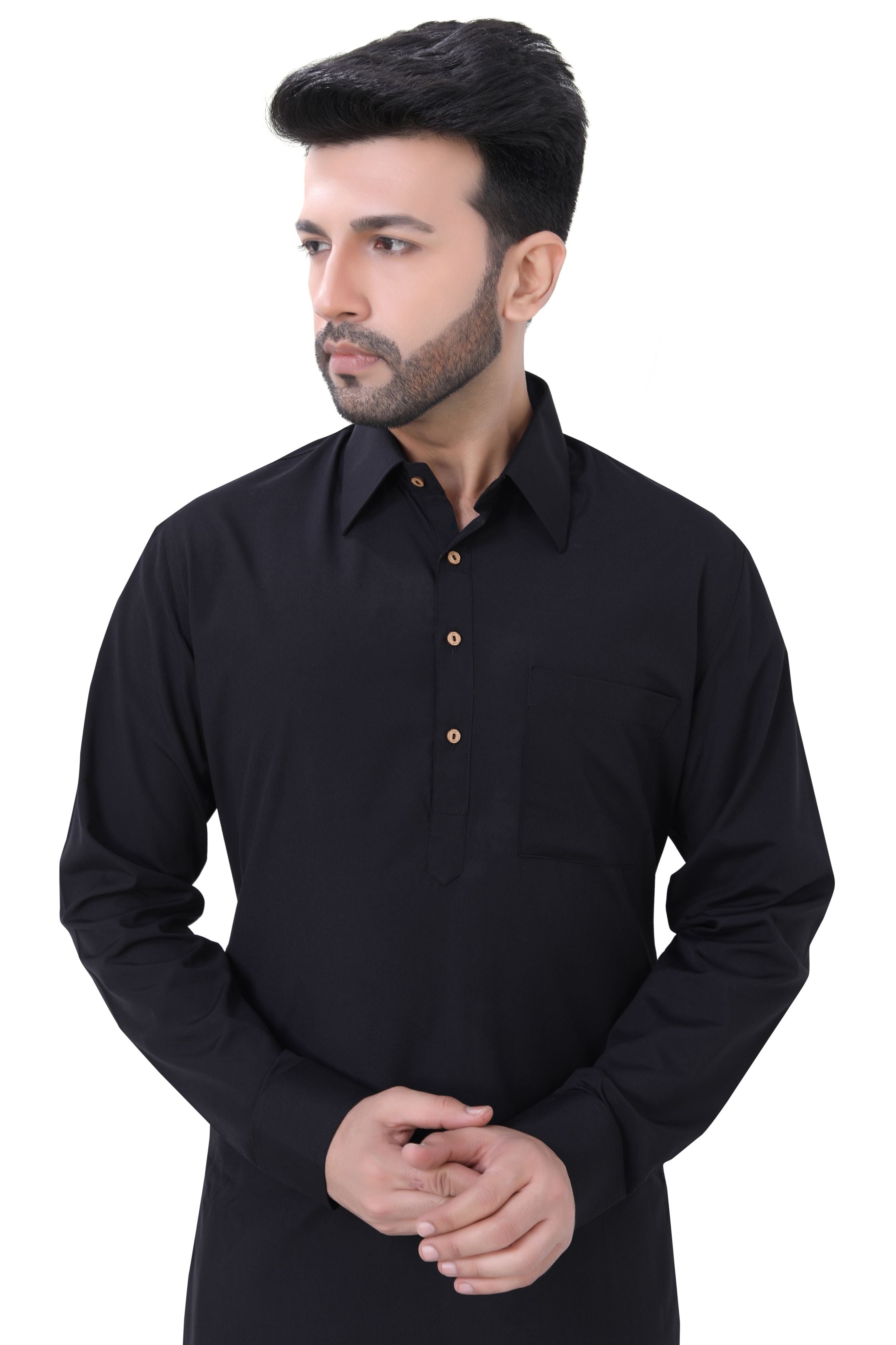 Cotton Pathani Kurta Salwar Suit in Black Colour