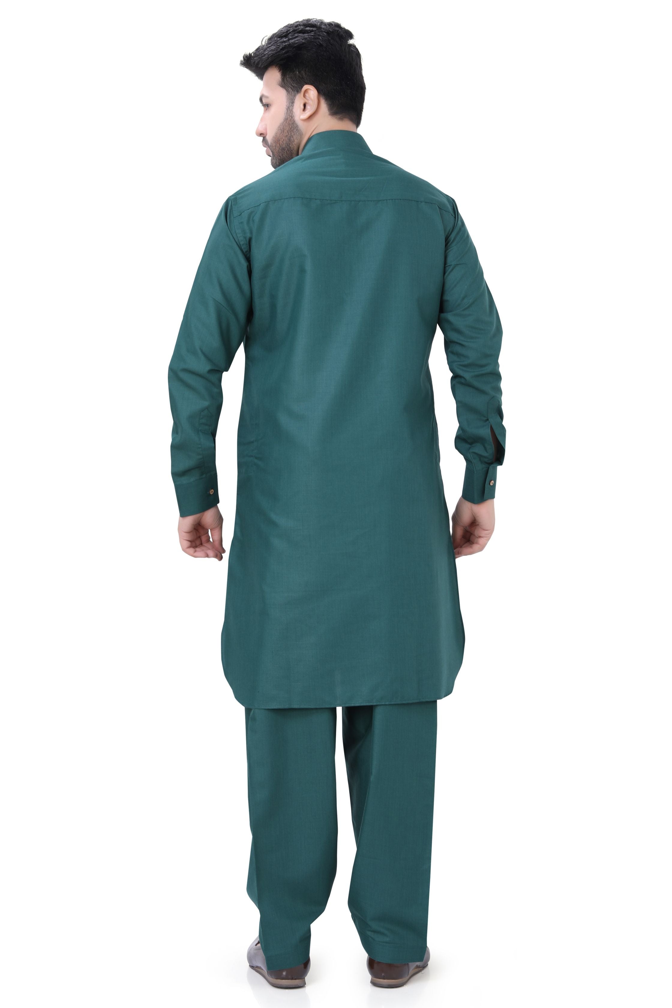 Cotton Pathani Kurta Salwar Suit in Bottle Green Colour - Premium Cotton Kurta Pajama from Dapper Ethnic - Just $59! Shop now at Dulhan Exclusives