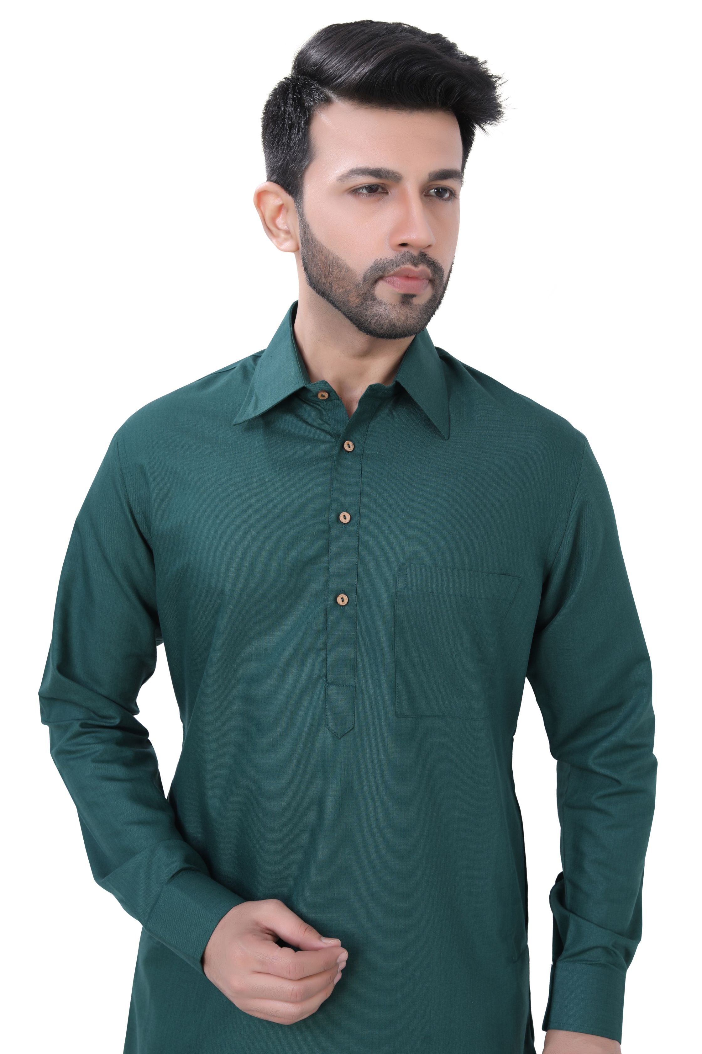 Cotton Pathani Kurta Salwar Suit in Bottle Green Colour - Premium Cotton Kurta Pajama from Dapper Ethnic - Just $59! Shop now at Dulhan Exclusives