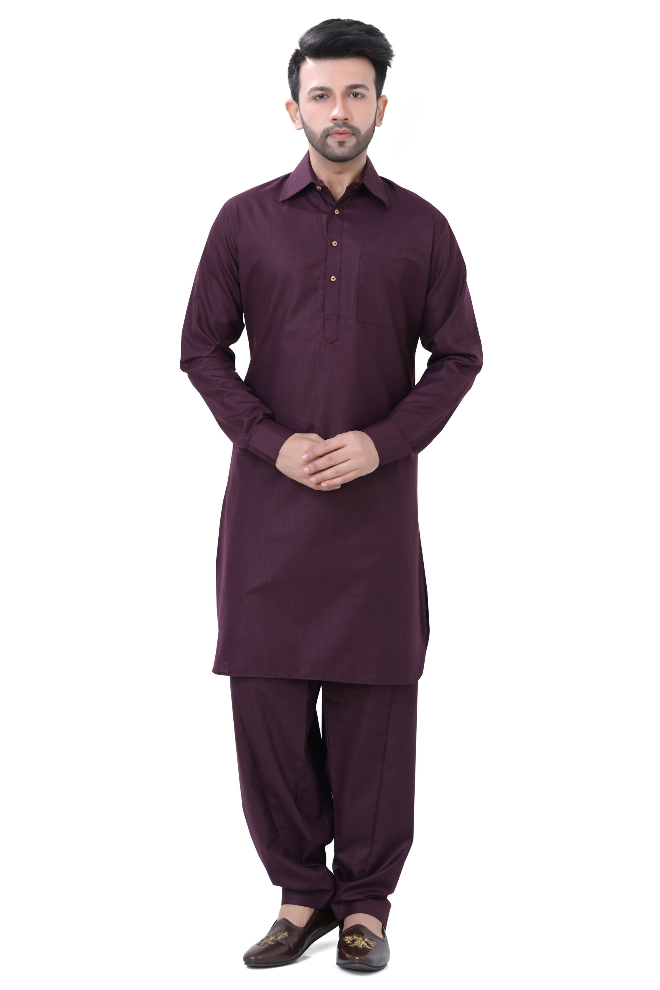 Cotton Pathani Kurta Salwar Suit in wine Colour