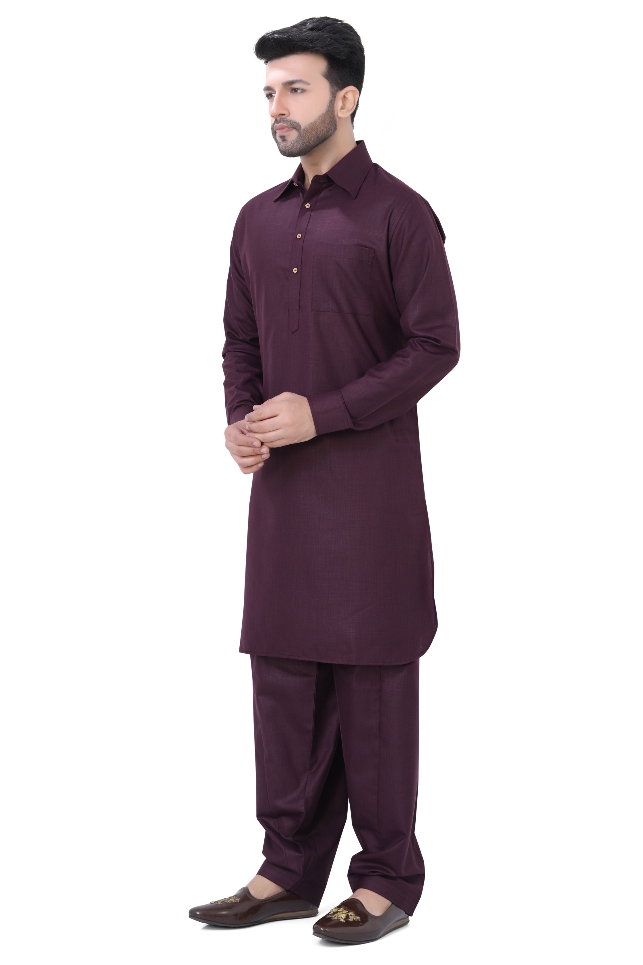 Cotton Pathani Kurta Salwar Suit in wine Colour