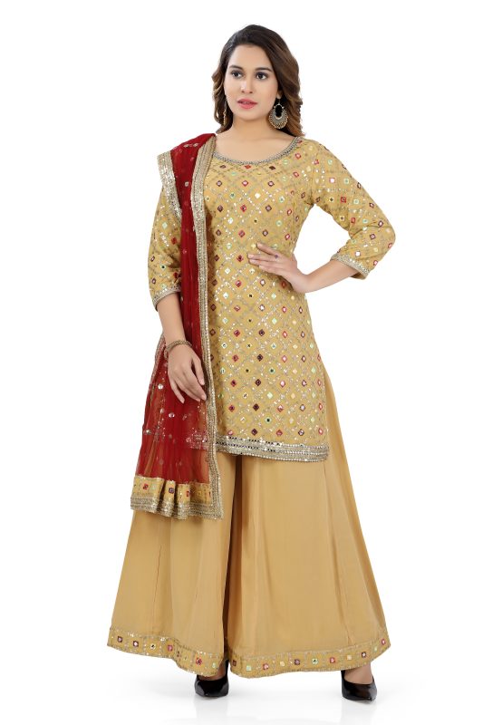 Multi color resham with Abhala work Georgett Gharara Suit in Gold