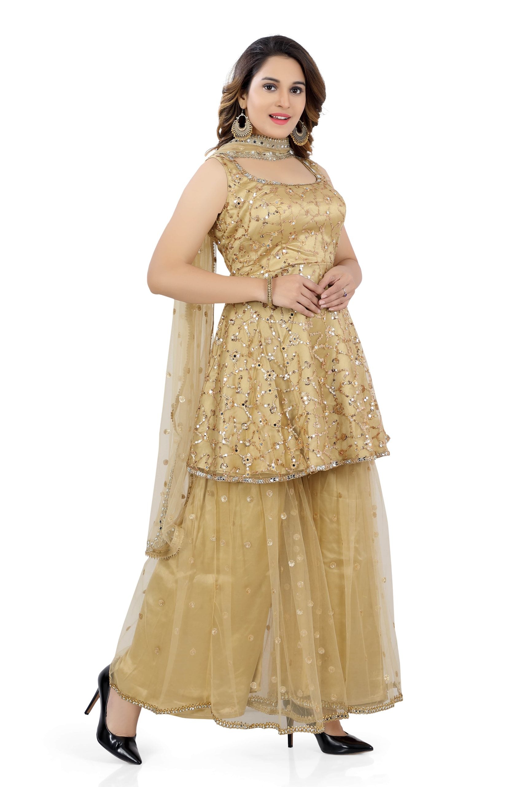 Gharara Suit Golden Color with Heavy Work