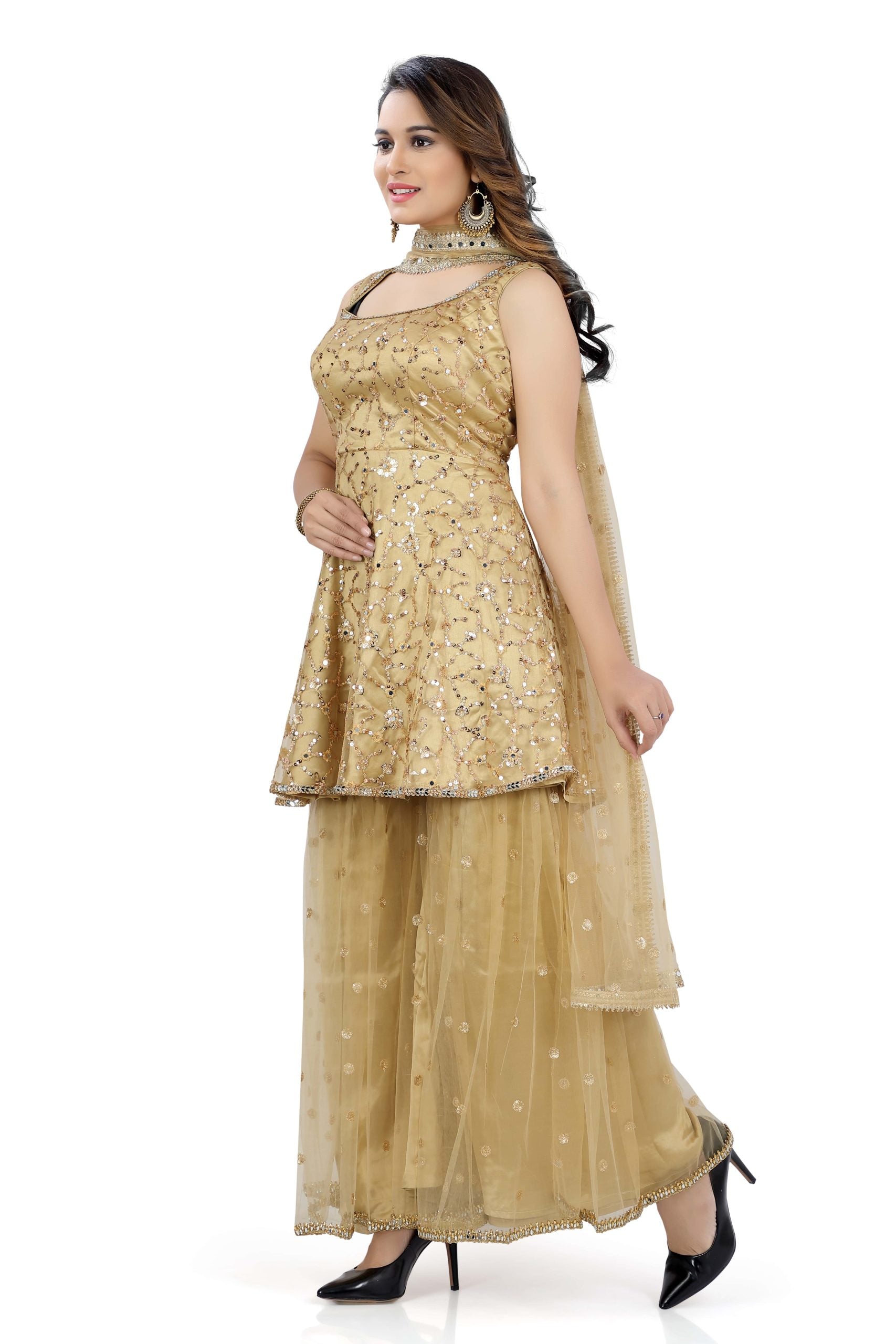 Gharara Suit Golden Color with Heavy Work