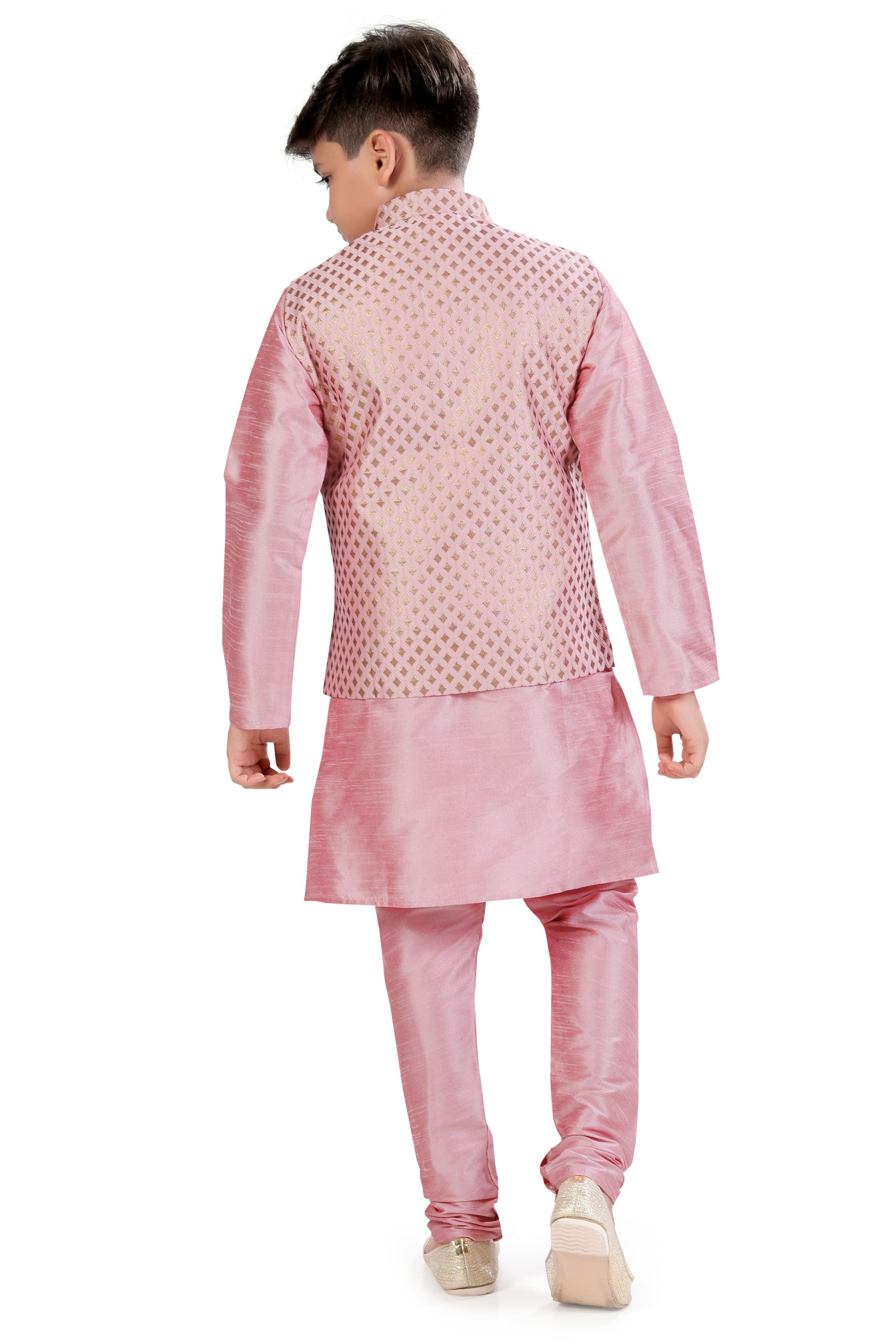 Boys Banarasi Brocade Vest Coat Set in Baby Pink - Premium 3 pieces Vest coat suit from Dapper Ethnic - Just $79! Shop now at Dulhan Exclusives
