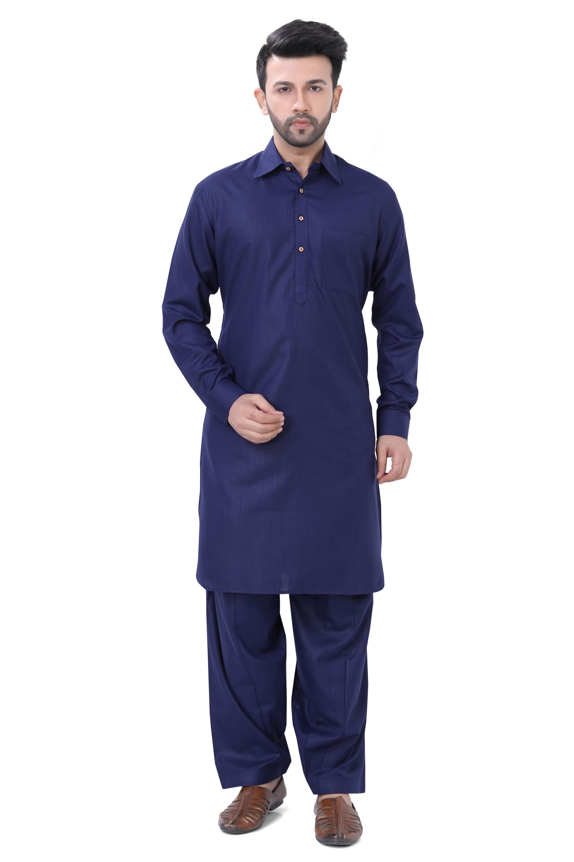 Cotton Pathani Kurta Salwar Suit in Navy Blue Colour