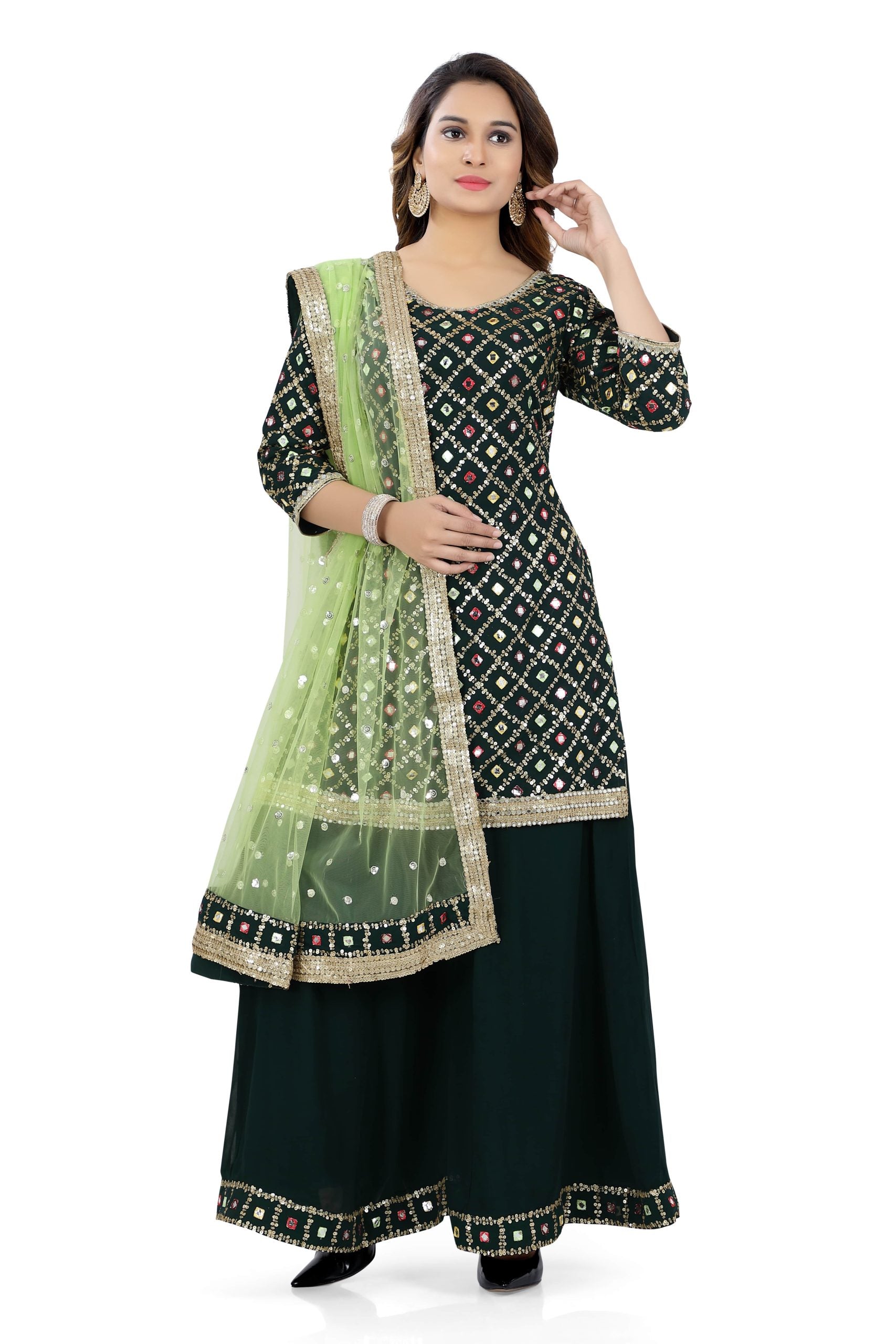 Women's Faux Georgette Gharara of Bottle Green