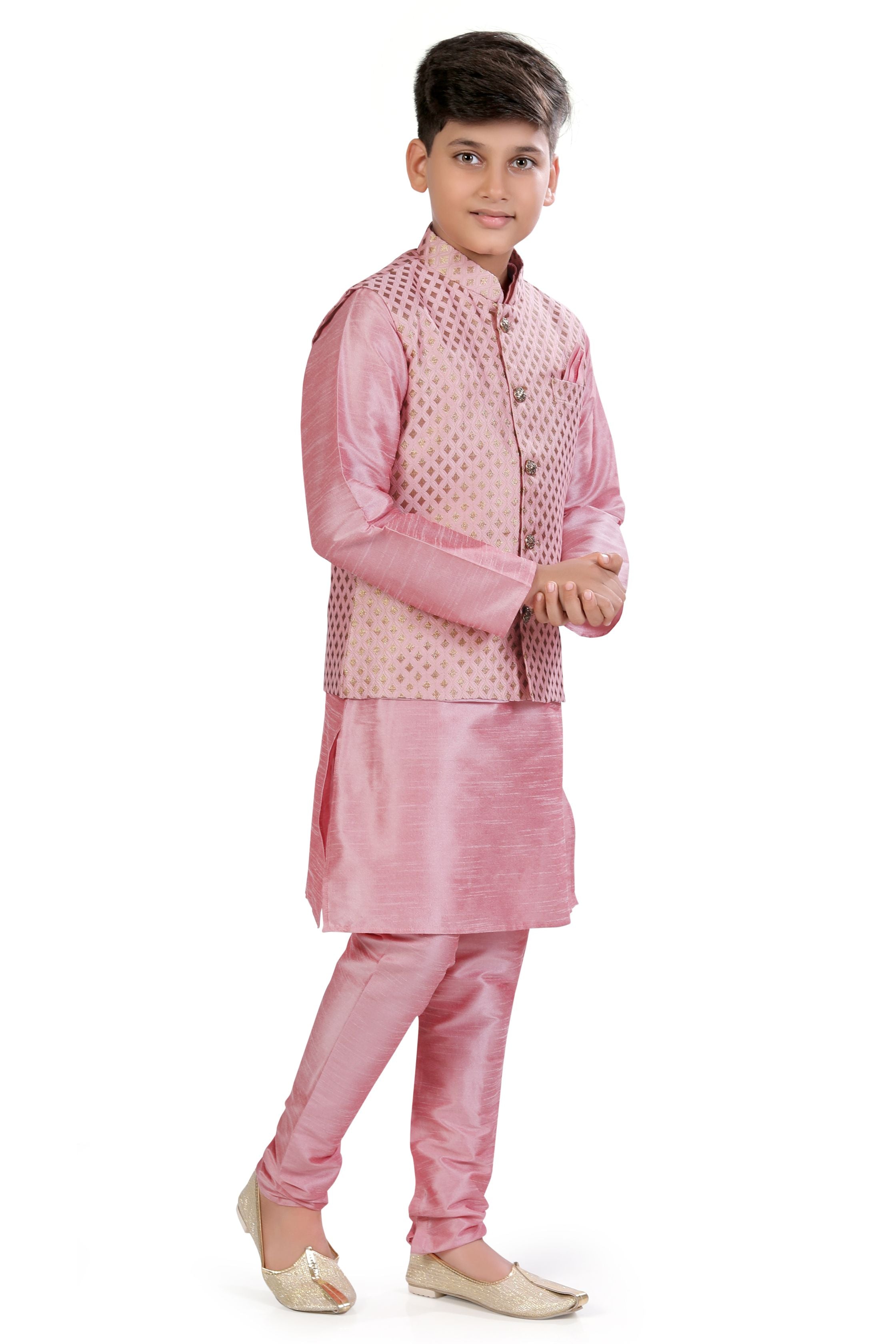Boys Banarasi Brocade Vest Coat Set in Baby Pink