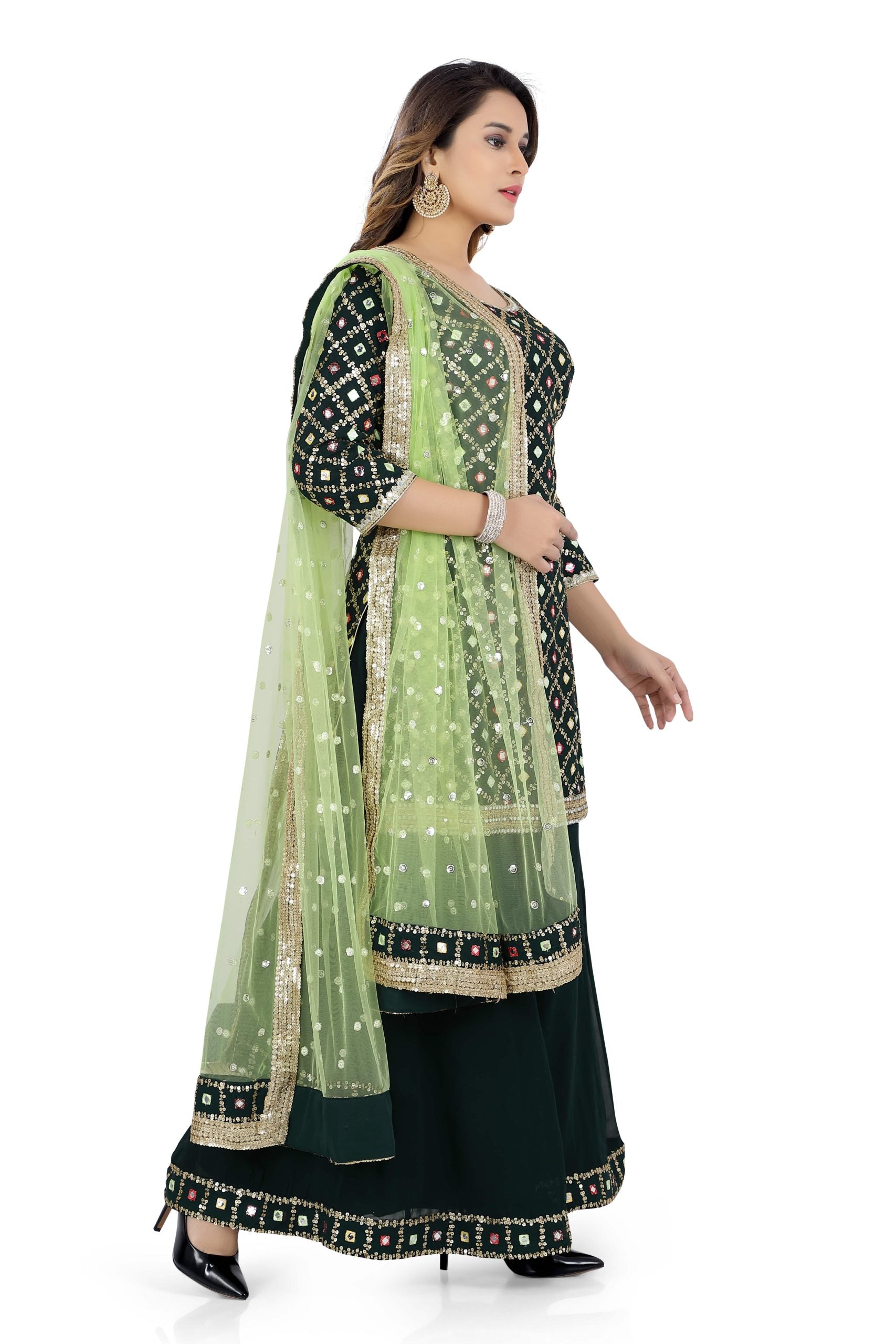 Women's Faux Georgette Gharara of Bottle Green