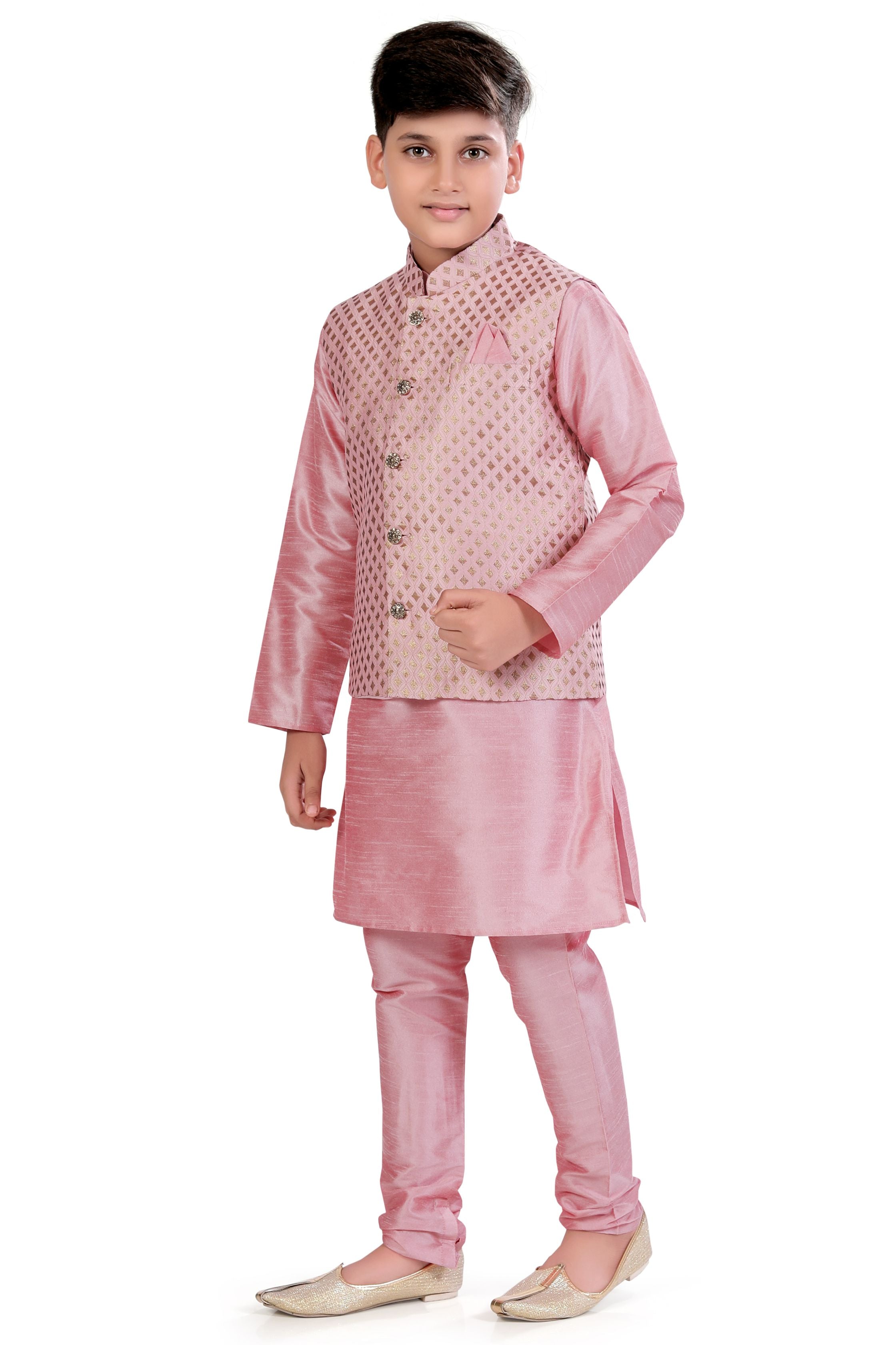 Boys Banarasi Brocade Vest Coat Set in Baby Pink