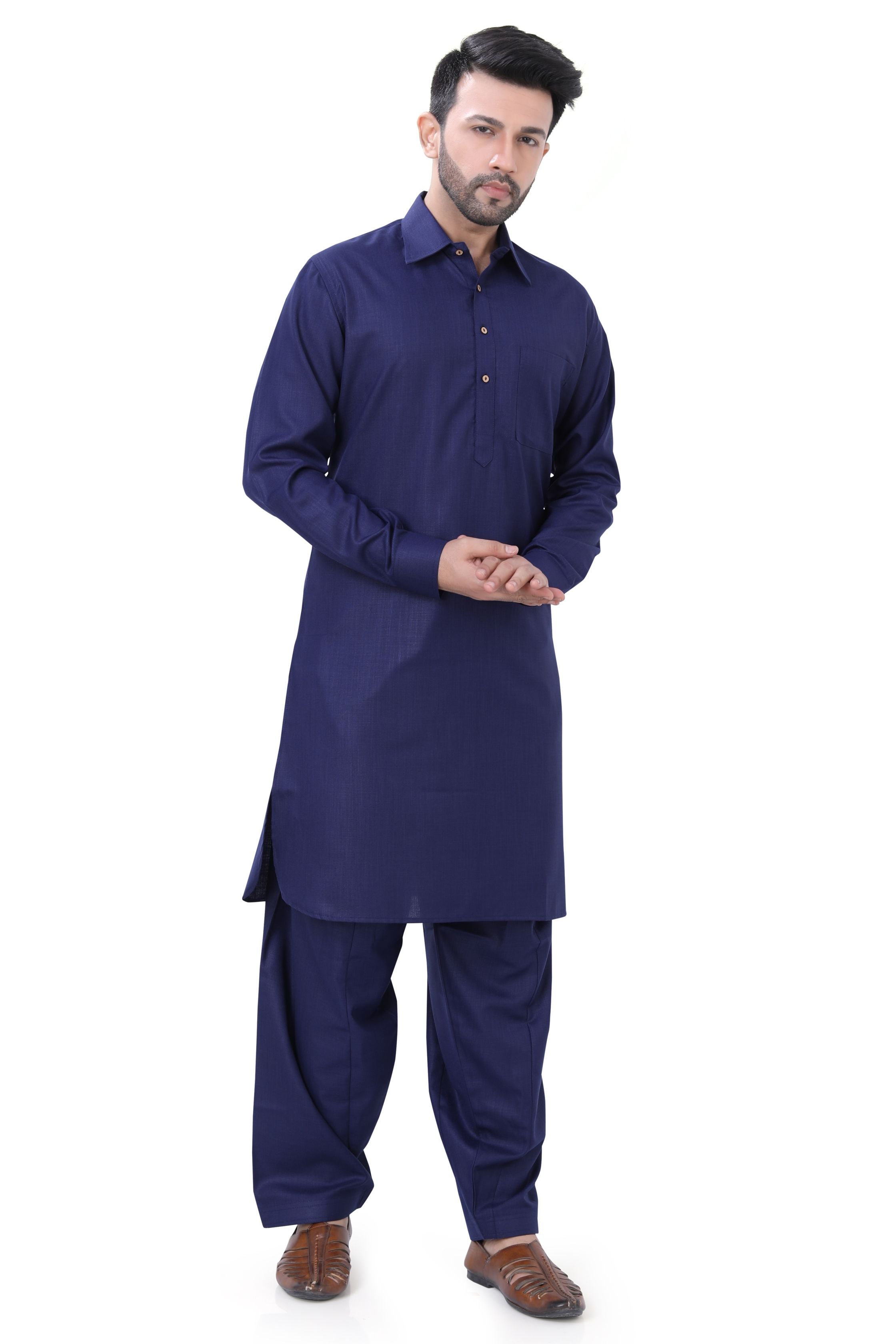Cotton Pathani Kurta Salwar Suit in Navy Blue Colour
