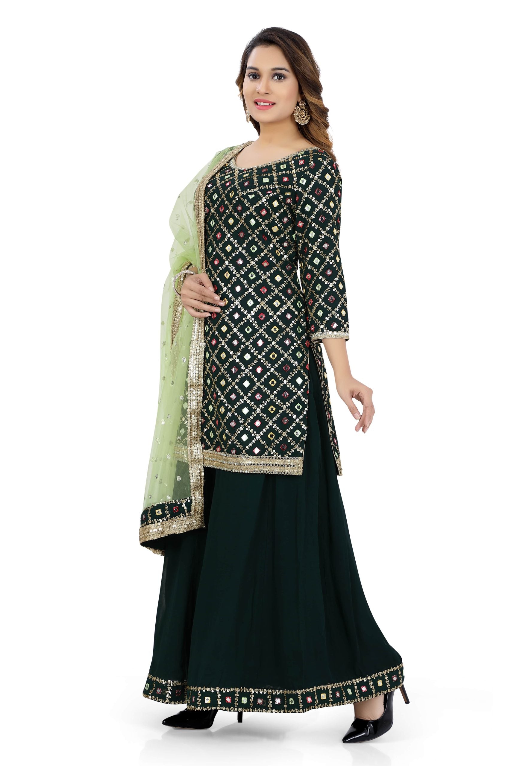 Women's Faux Georgette Gharara of Bottle Green