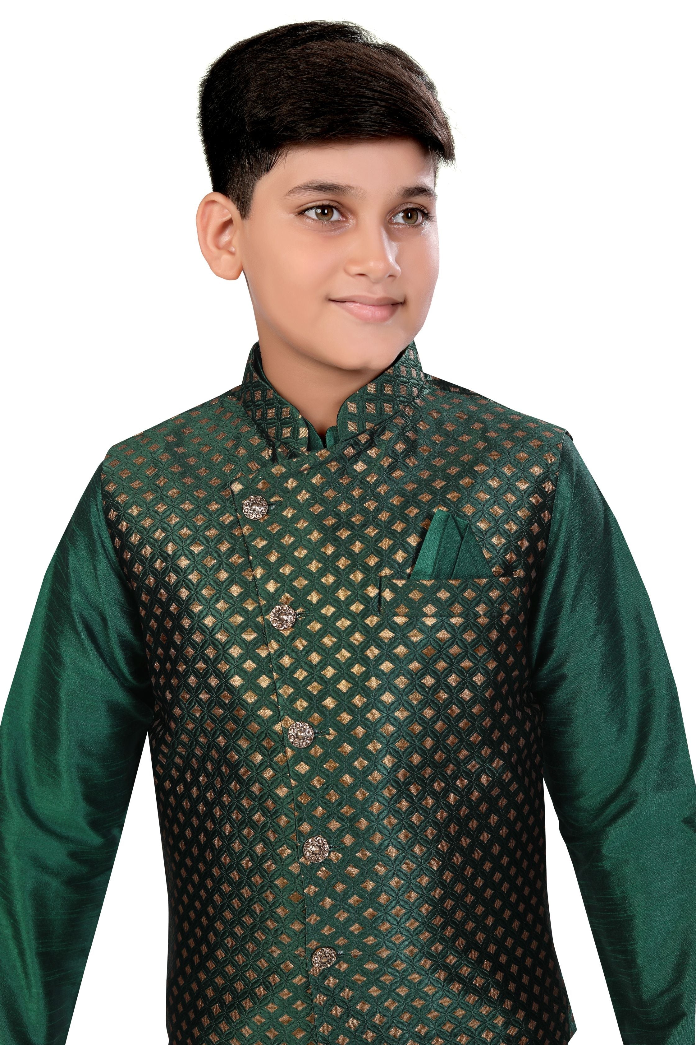 Boys Banarasi Brocade Vest Coat Set in Bottle Green