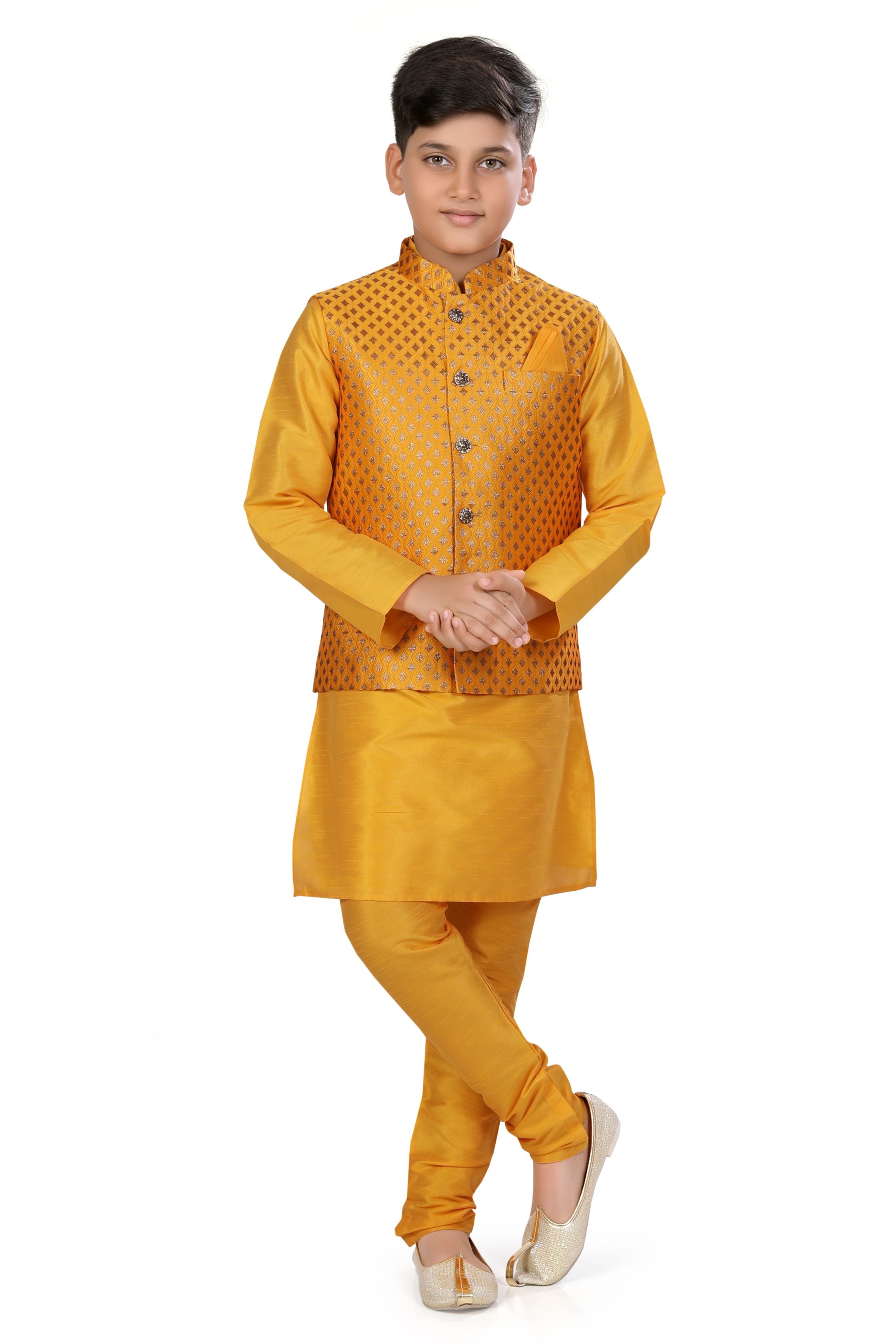 Boys Banarasi Brocade Vest Coat Set in Mustard Yellow