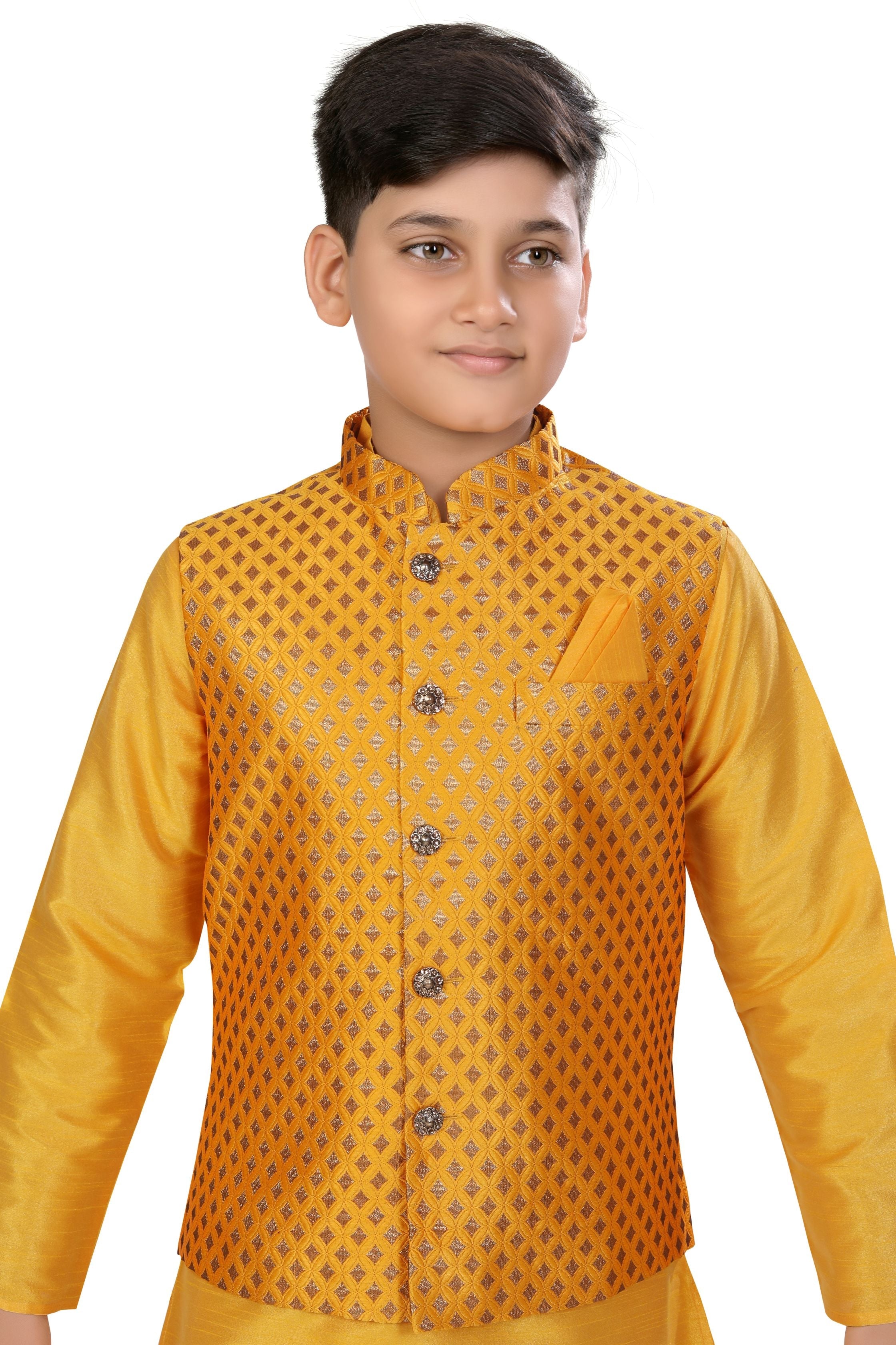 Boys Banarasi Brocade Vest Coat Set in Mustard Yellow
