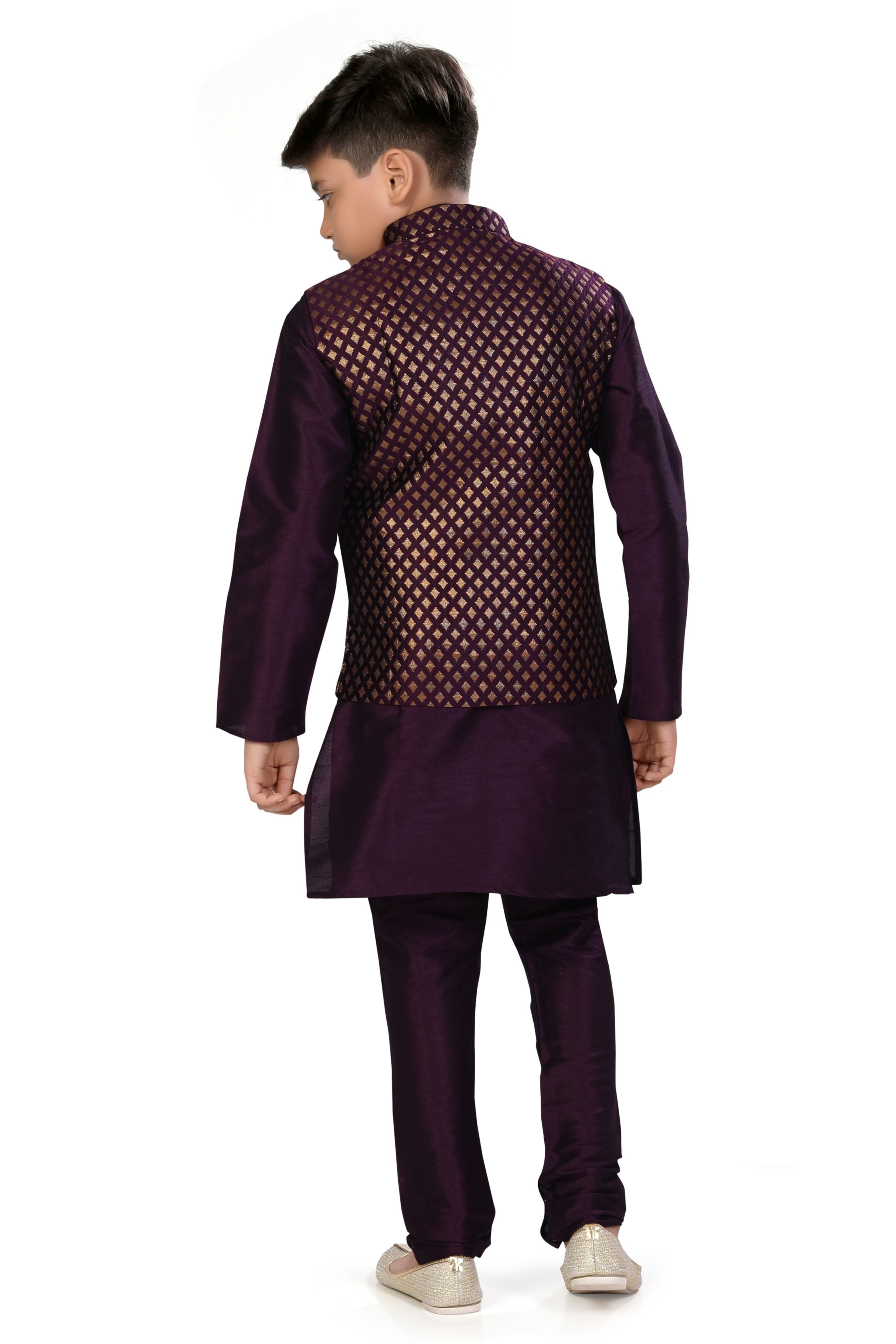 Boys Banarasi Brocade Vest Coat Set in Wine Colour