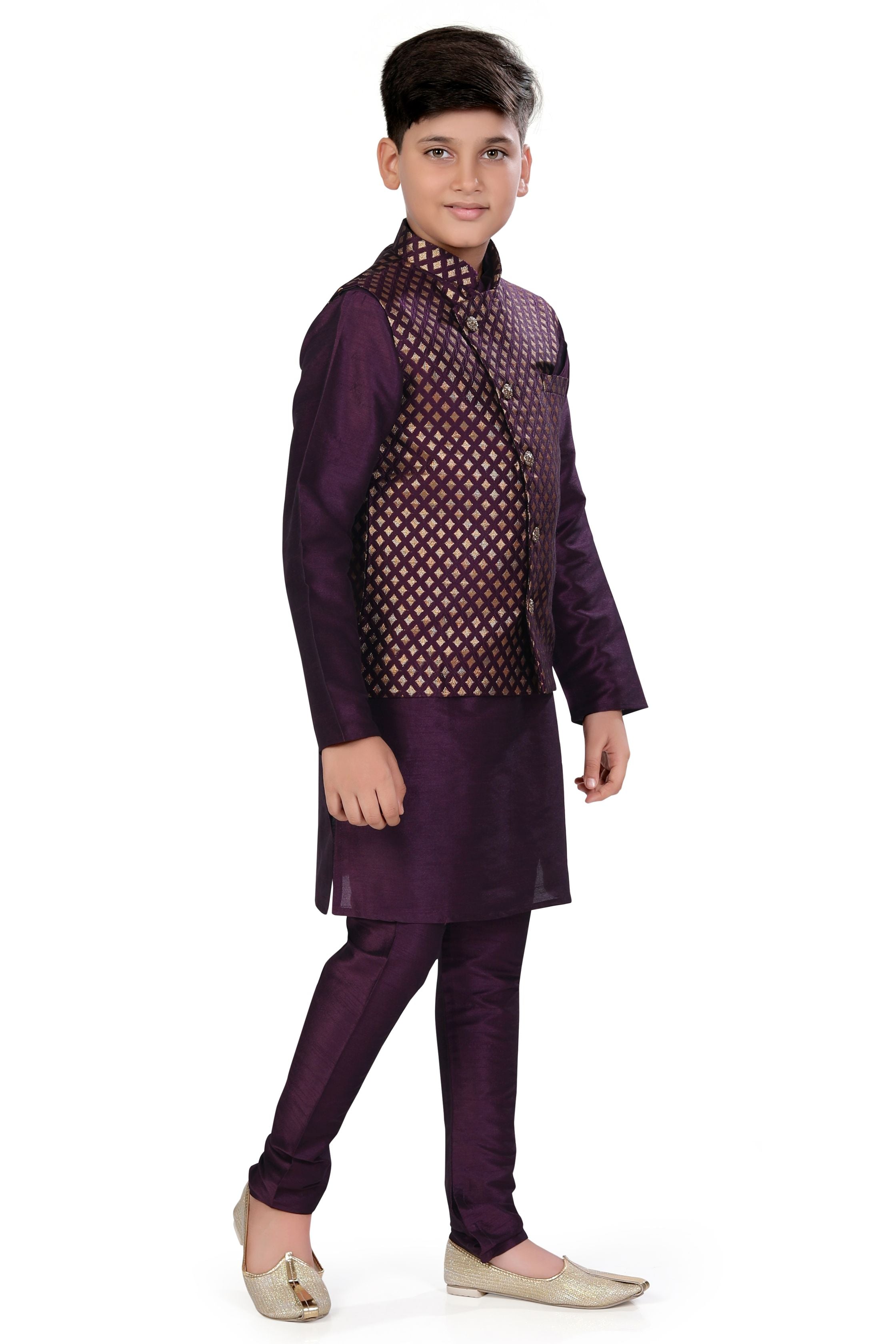 Boys Banarasi Brocade Vest Coat Set in Wine Colour