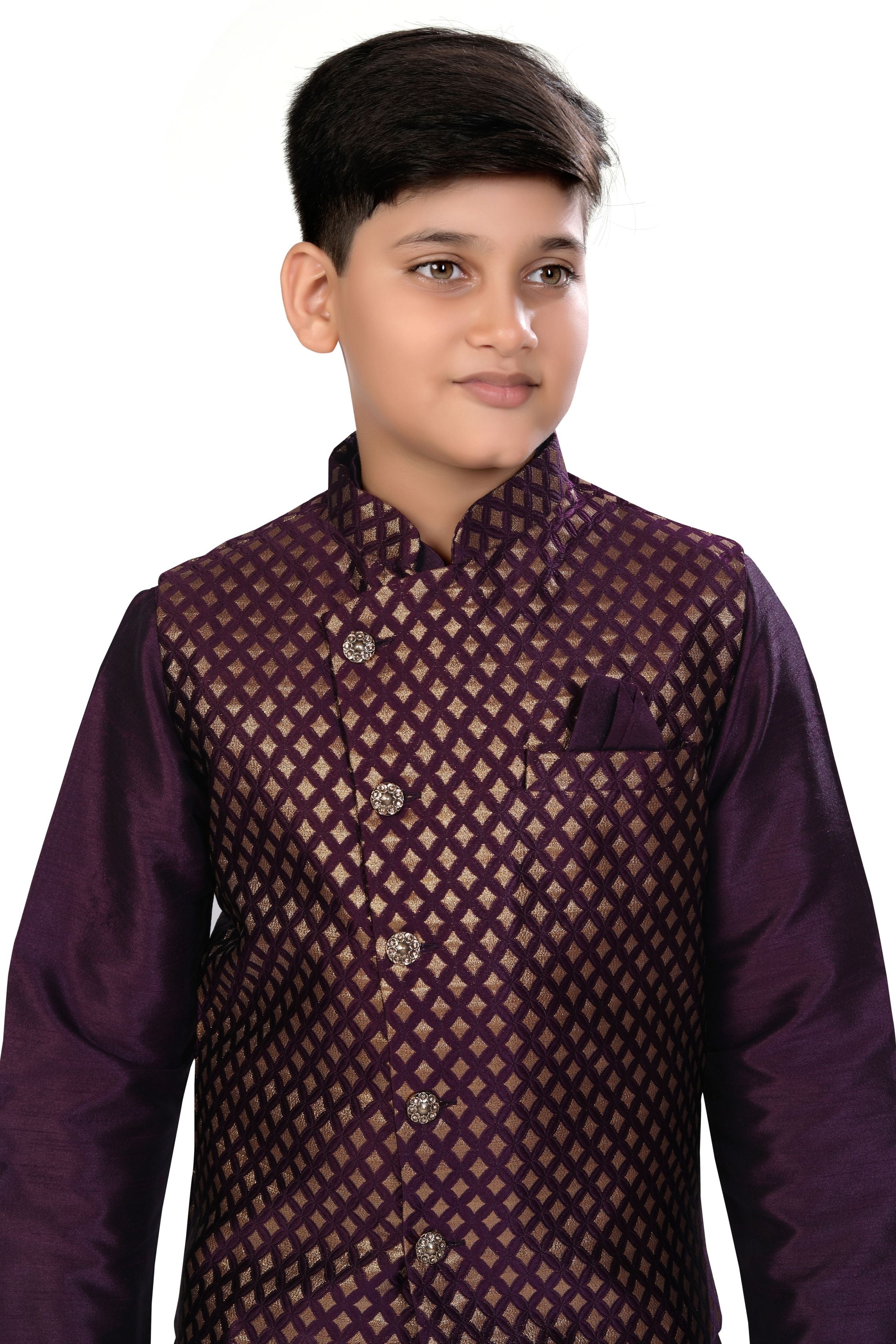 Boys Banarasi Brocade Vest Coat Set in Wine Colour - Premium 3 pieces Vest coat suit from Dapper Ethnic - Just $79! Shop now at Dulhan Exclusives