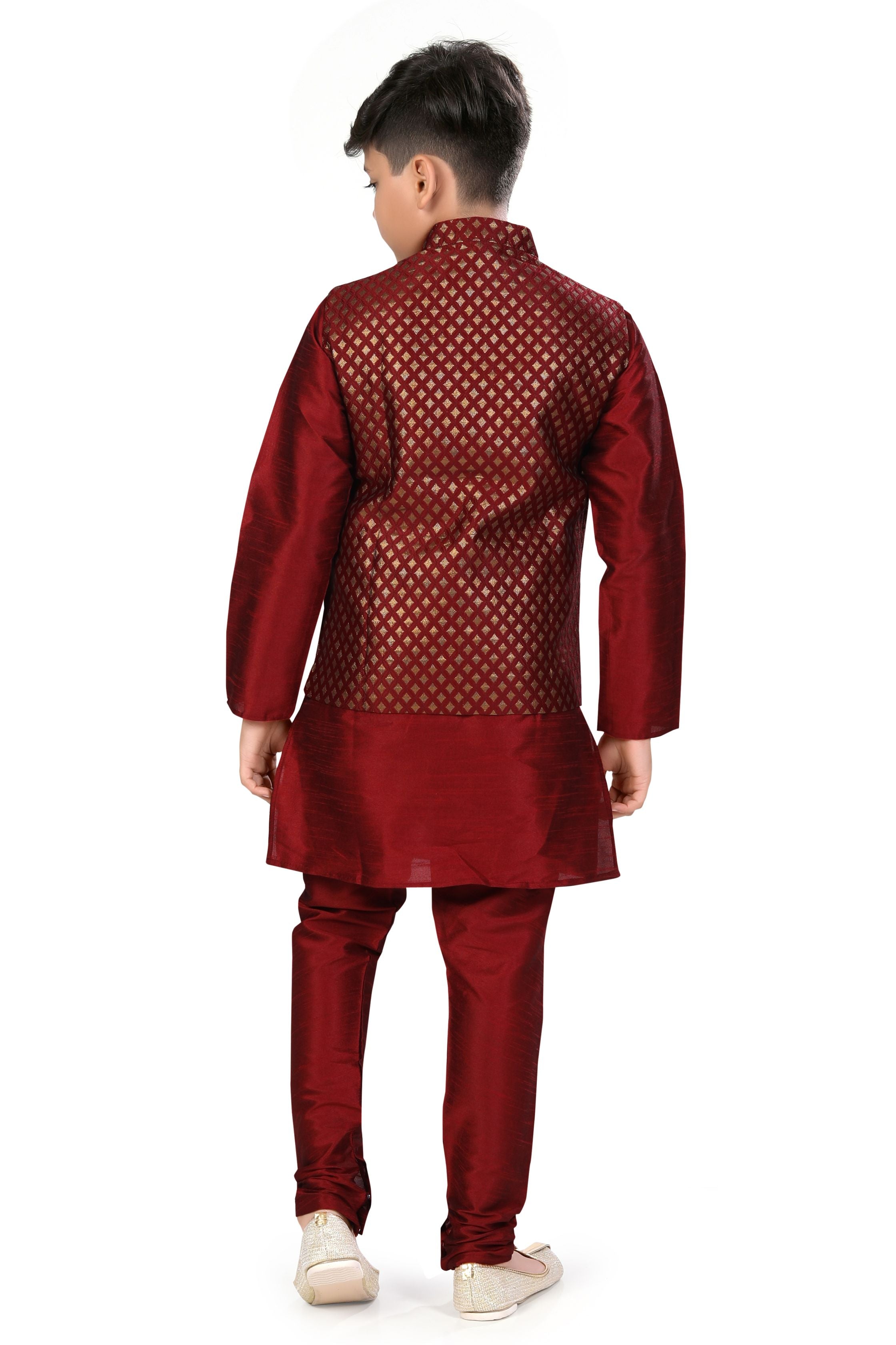 Boys Banarasi Brocade Vest Coat Set in Maroon Colour