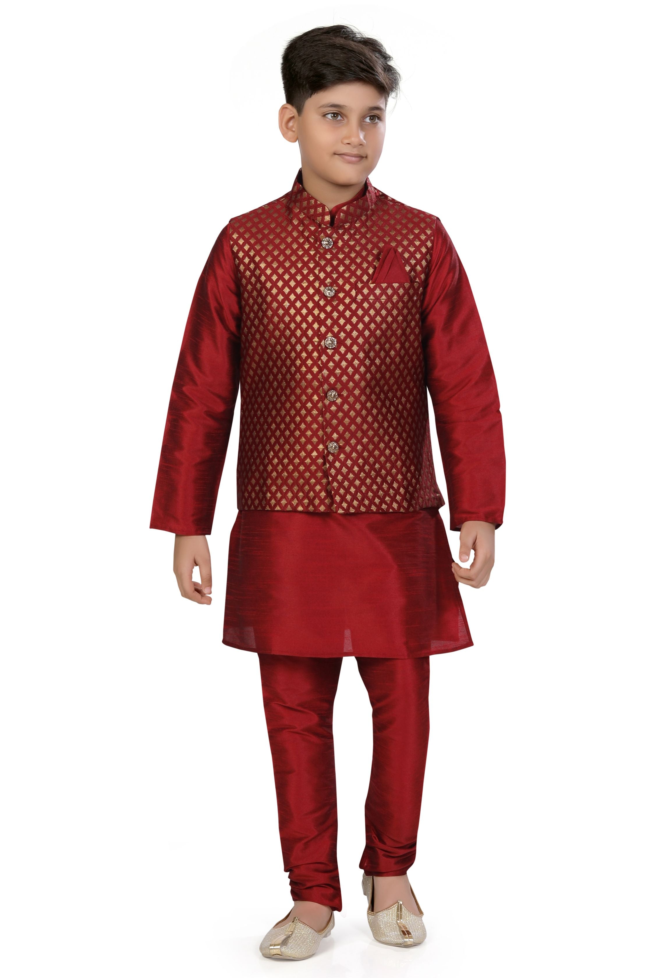 Boys Banarasi Brocade Vest Coat Set in Maroon Colour