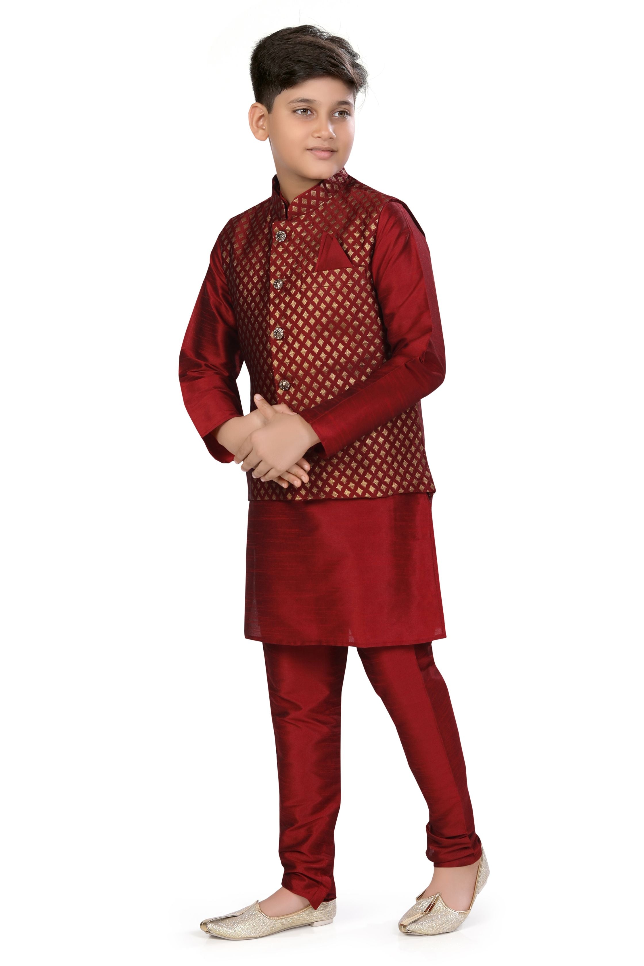 Boys Banarasi Brocade Vest Coat Set in Maroon Colour - Premium 3 pieces Vest coat suit from Dapper Ethnic - Just $79! Shop now at Dulhan Exclusives