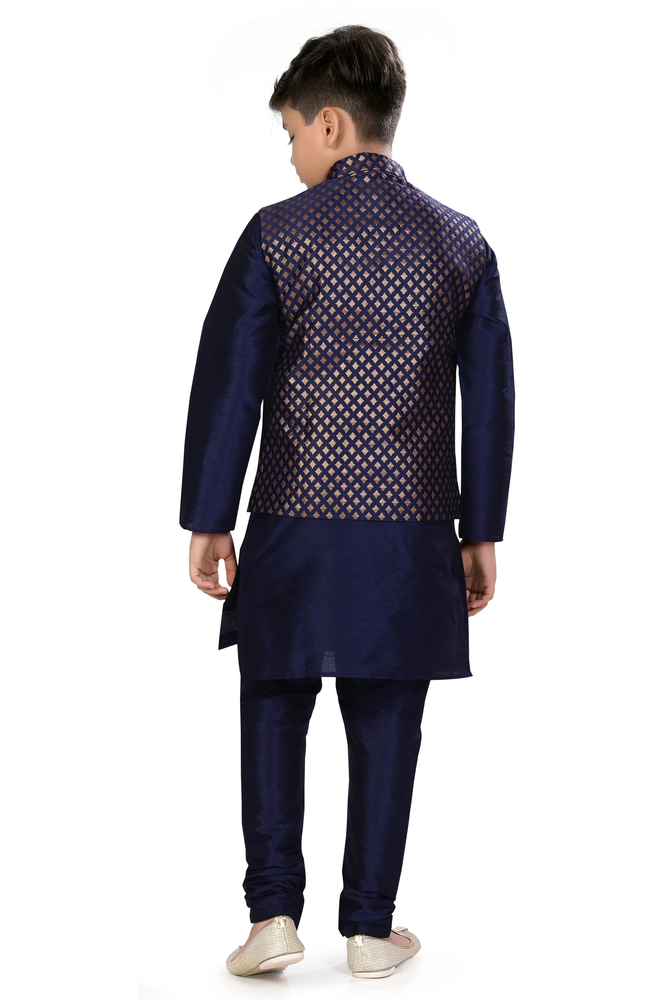 Boys Banarasi Brocade Vest Coat Set in Navy Blue